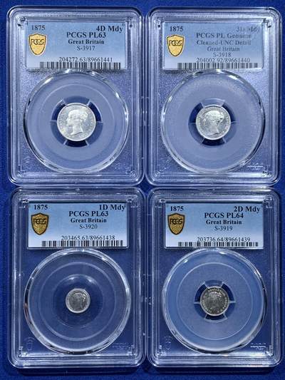《竞宝斋》第425场 周日，周一  2场连拍 （全场包邮） - 四枚一组 PCGS PL UNC-64 英国1875小维濯足币，原光状态，打制犀利，可惜一枚没给分，非常少的品种。细节见图