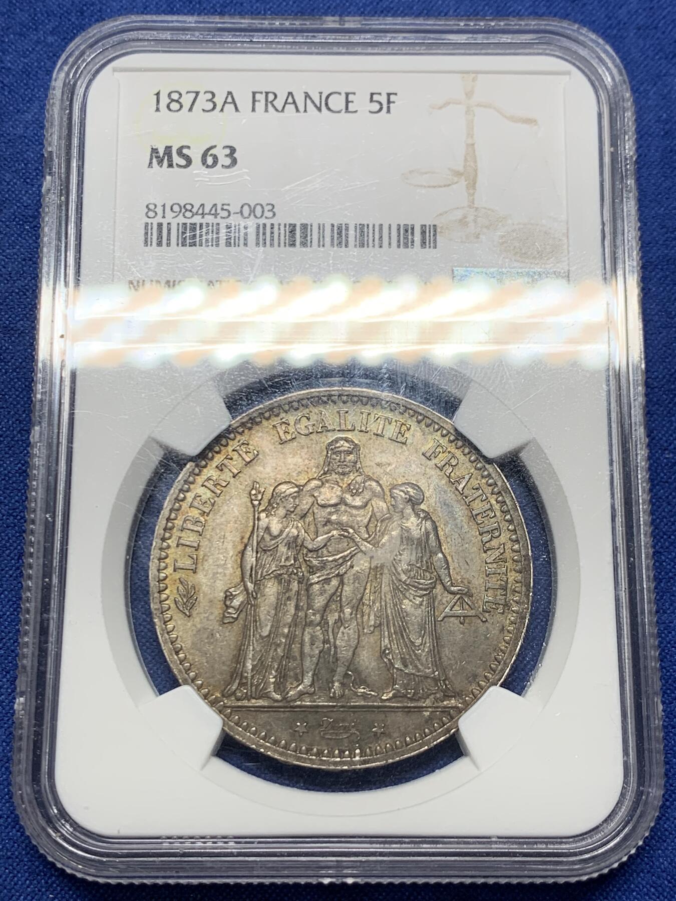 《竞宝斋》第425场 周日，周一  2场连拍 （全场包邮） NGC MS63 法国1873A大力神5法郎银币 包浆厚重 深彩难得