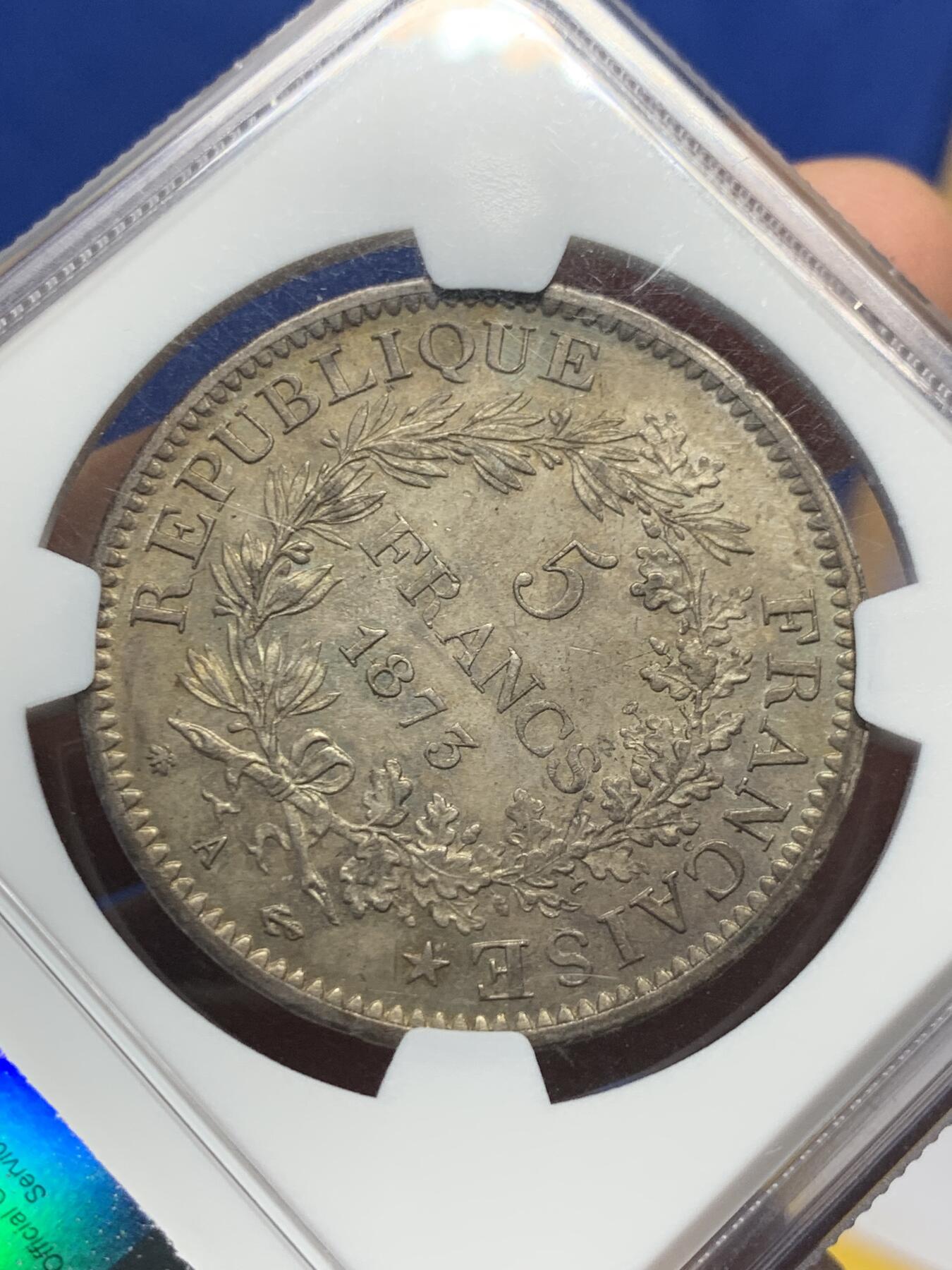 《竞宝斋》第425场 周日，周一  2场连拍 （全场包邮） NGC MS63 法国1873A大力神5法郎银币 包浆厚重 深彩难得