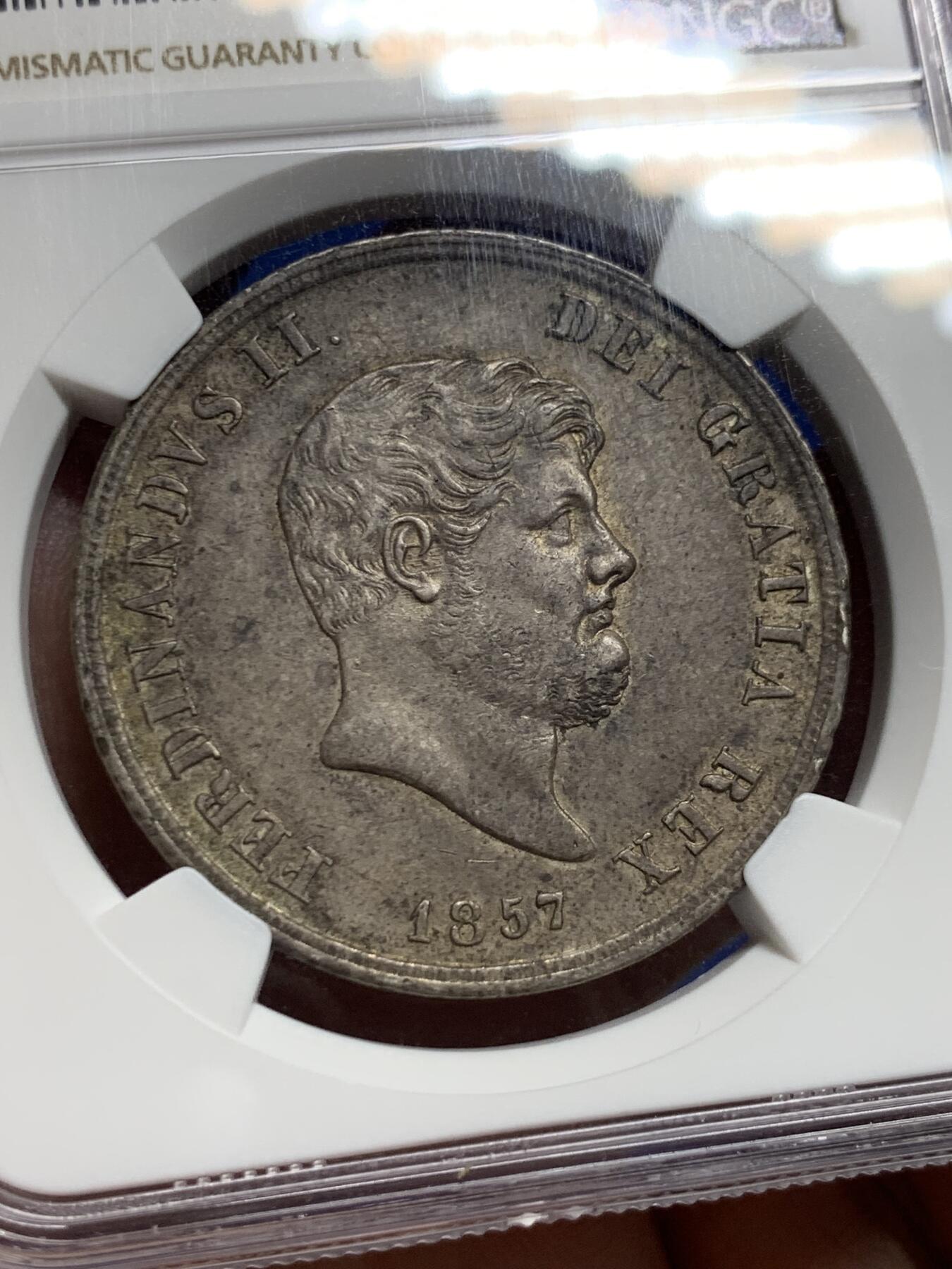 《竞宝斋》第425场 周日，周一  2场连拍 （全场包邮） NGC AU58 意大利1857年那不勒斯和西西里王国费迪南多二世老年版120G大银币 包浆醇厚