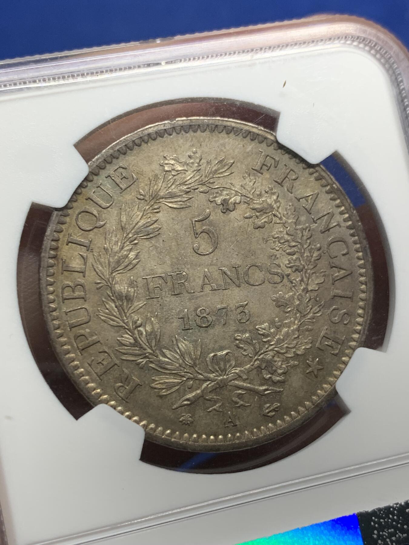 《竞宝斋》第425场 周日，周一  2场连拍 （全场包邮） NGC MS63 法国1873A大力神5法郎银币 包浆厚重 深彩难得