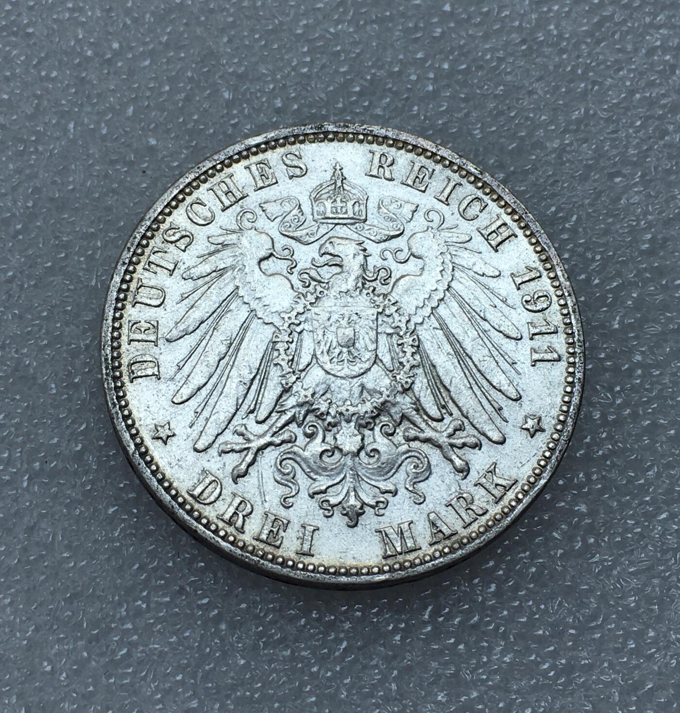 世界钱币专场拍卖 1911年德国汉堡自由市双狮3马克流通银币