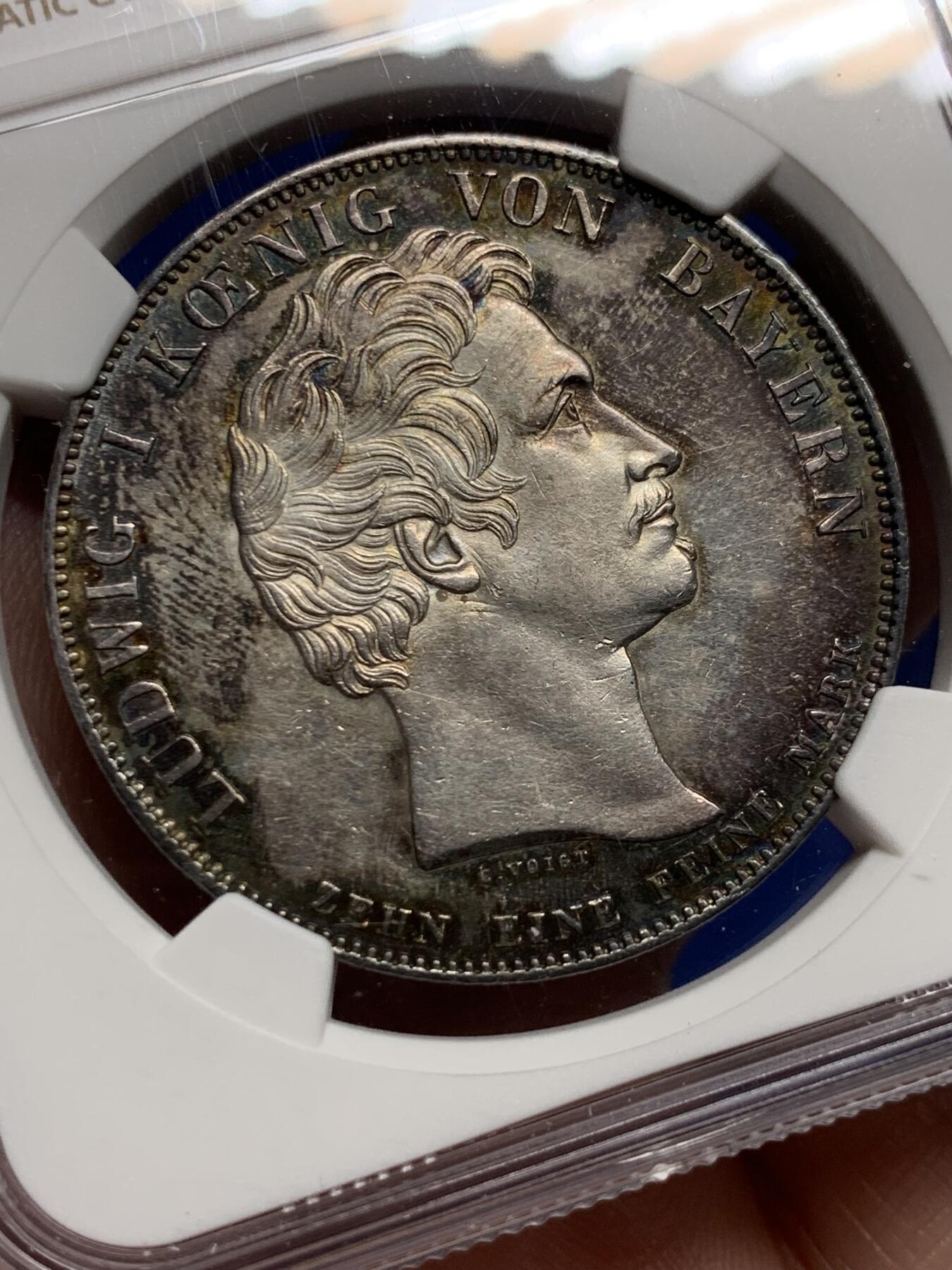 《竞宝斋》第425场 周日，周一  2场连拍 （全场包邮） NGC MS61 德国 1835年 巴伐利亚 第一条蒸汽铁路 纪念泰勒大银币 细节包浆绝美 包浆币上分不易