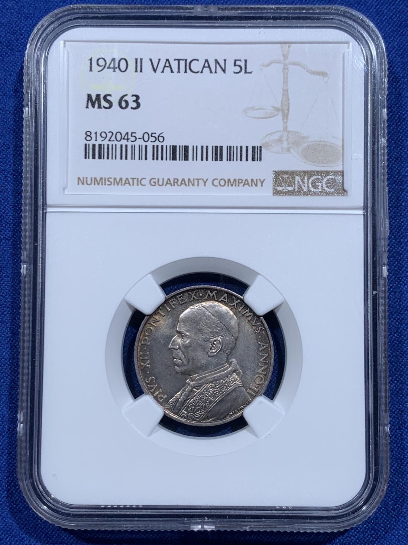 《竞宝斋》第425场 周日，周一  2场连拍 （全场包邮） NGC MS63 梵蒂冈 1940年 庇护十二世教皇像 5里拉 银币