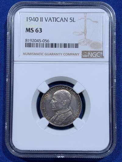 《竞宝斋》第425场 周日，周一  2场连拍 （全场包邮） - NGC MS63 梵蒂冈 1940年 庇护十二世教皇像 5里拉 银币