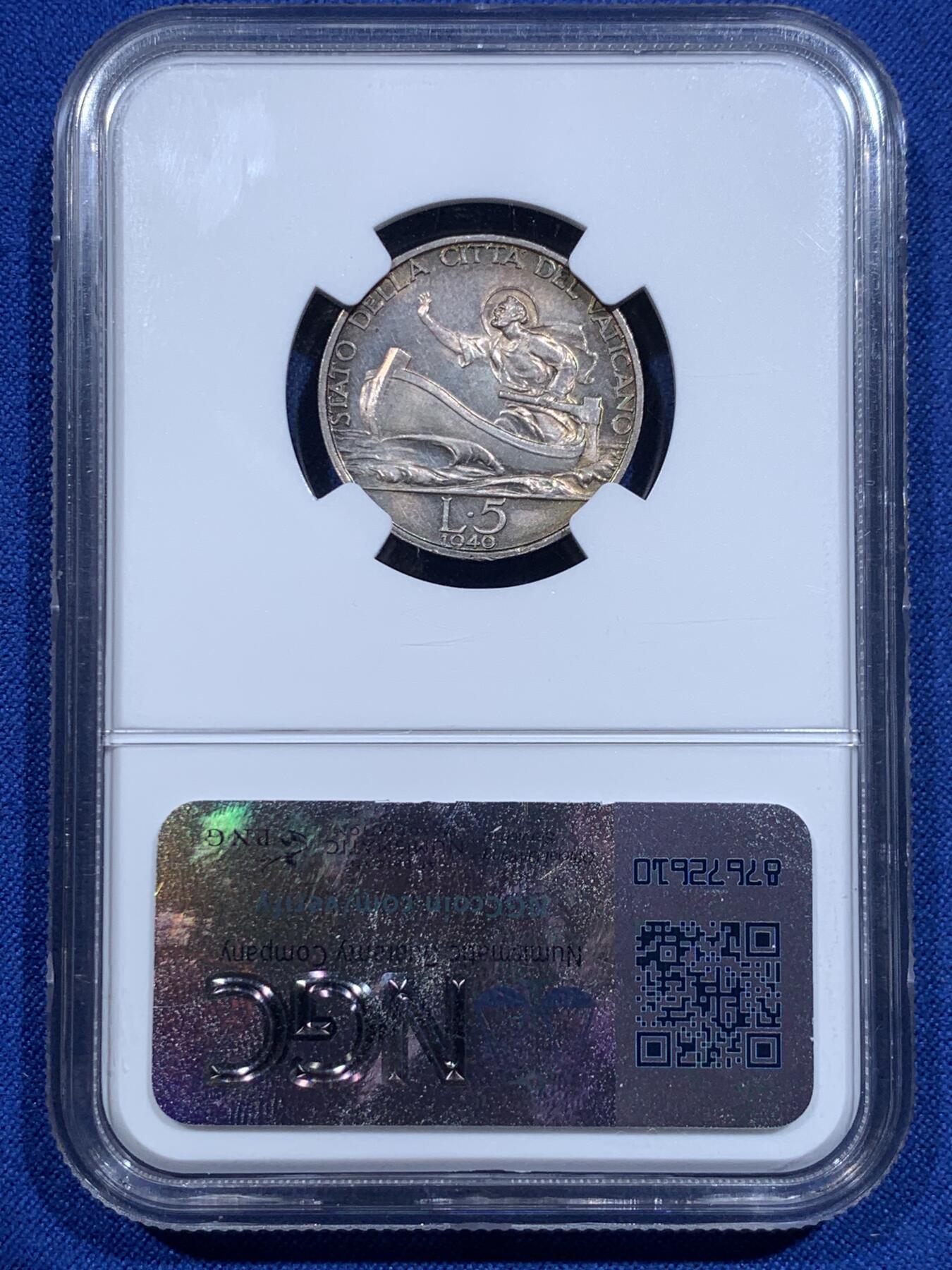 《竞宝斋》第425场 周日，周一  2场连拍 （全场包邮） NGC MS63 梵蒂冈 1940年 庇护十二世教皇像 5里拉 银币