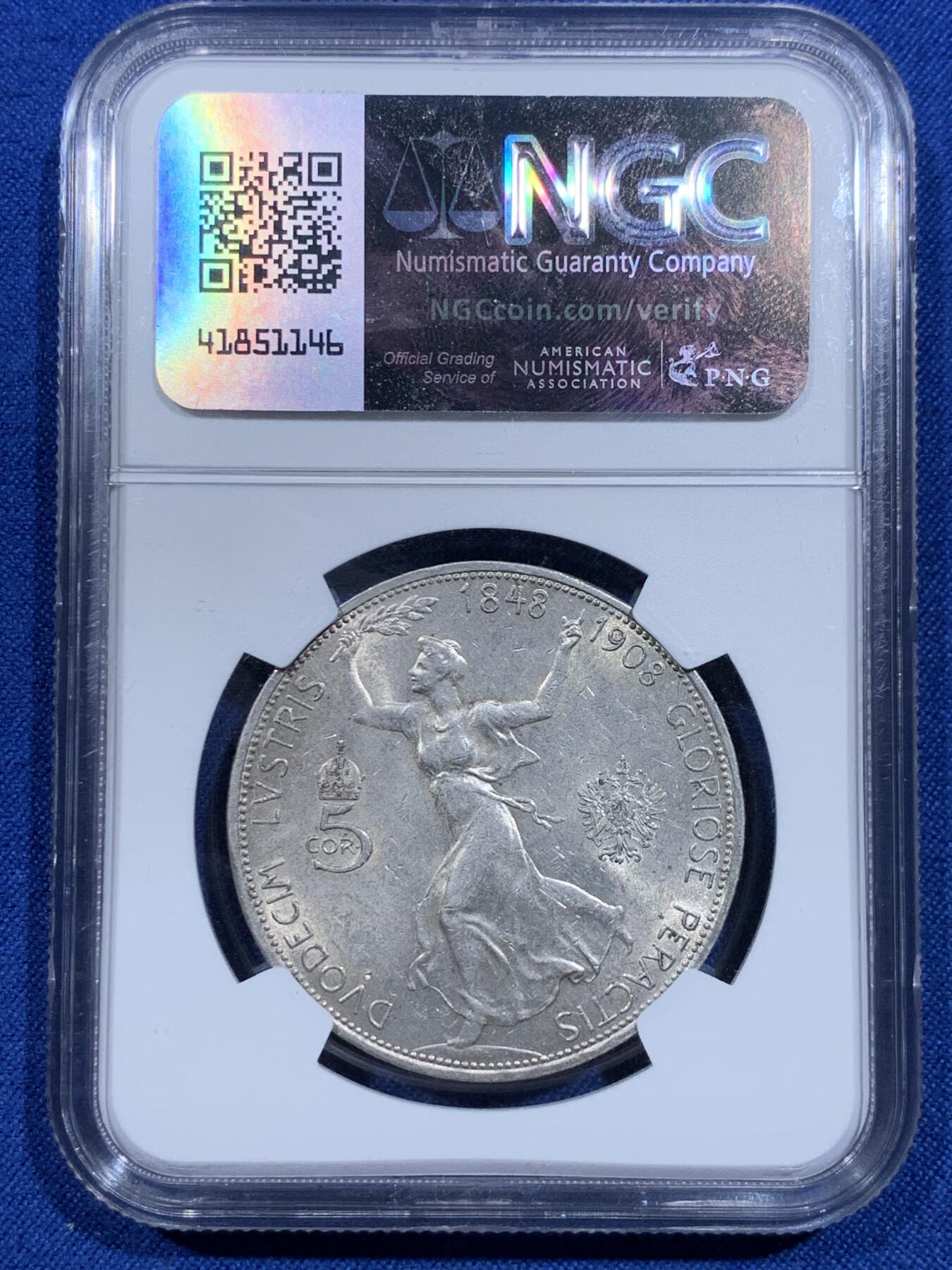 《竞宝斋》第425场 周日，周一  2场连拍 （全场包邮） NGC AU58 奥地利1908年弗兰茨5克朗登基60周年谷物女神银币，原汁原味老包浆，包浆醇厚，打制深峻，转光强烈细节优秀，状态极佳，状态和品质不输MS级。