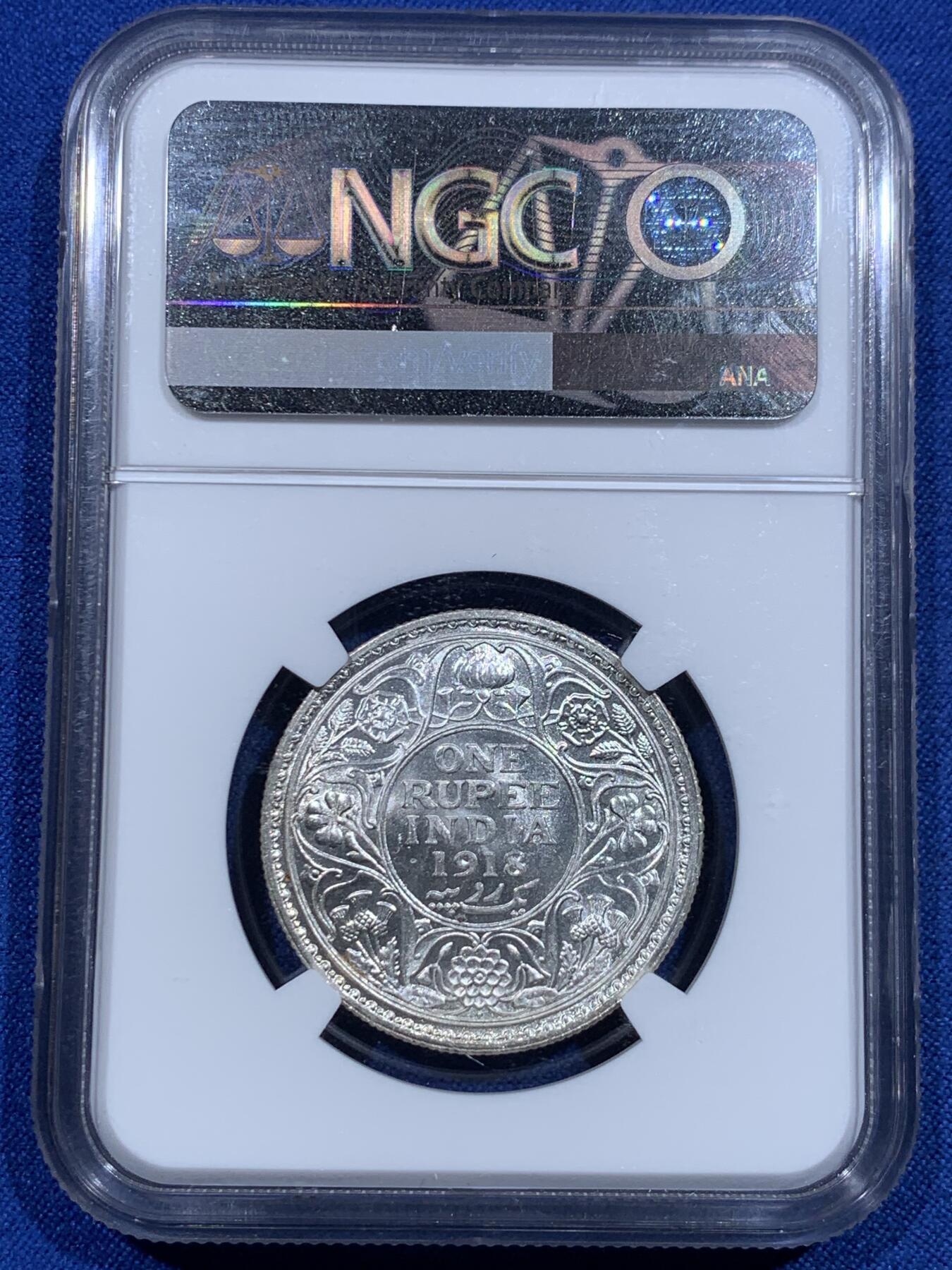 《竞宝斋》第425场 周日，周一  2场连拍 （全场包邮） NGC MS63+ 英属印度 1918年B版 乔治五世 1卢比 银币 超强转光