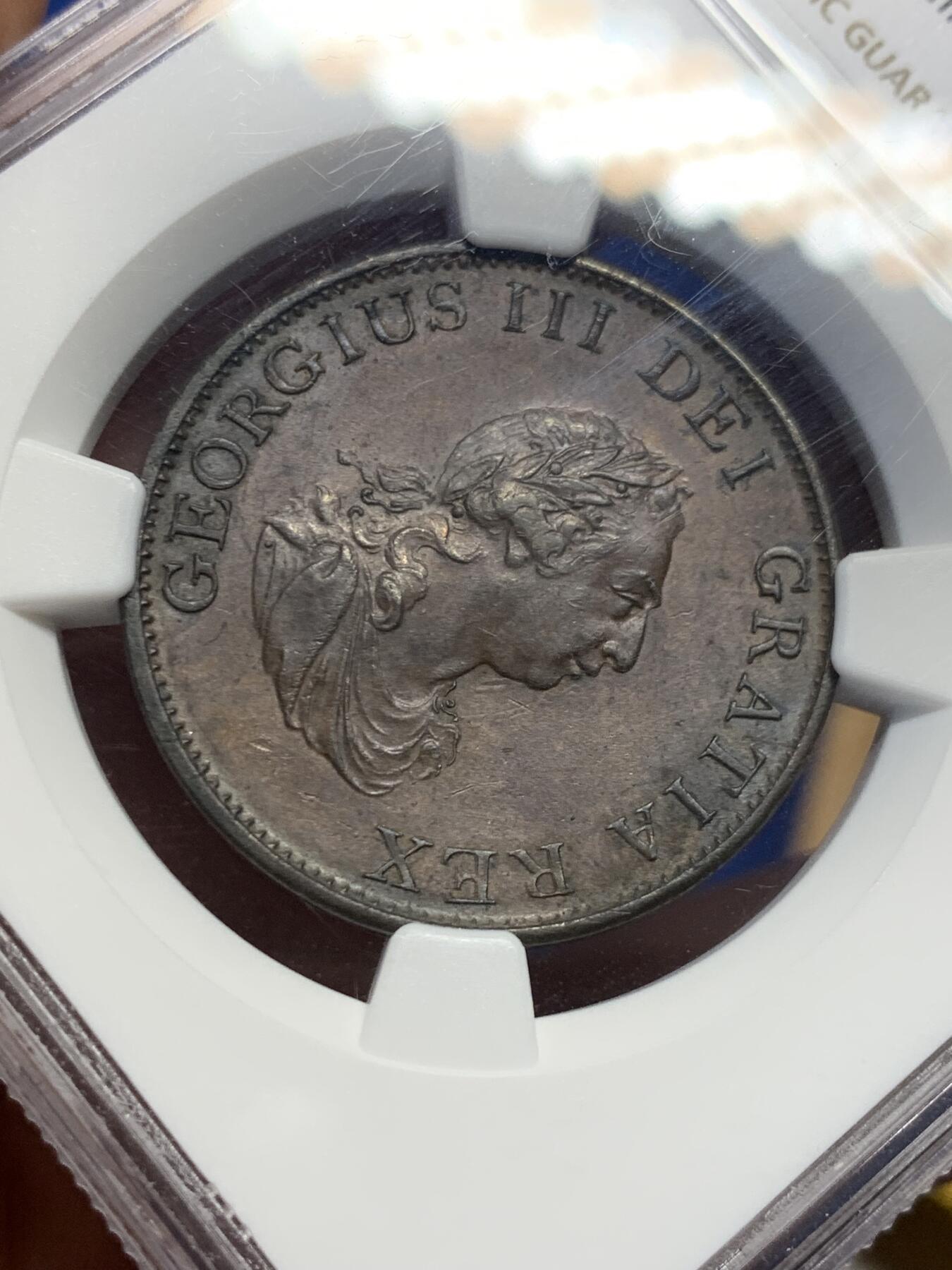 《竞宝斋》第425场 周日，周一  2场连拍 （全场包邮） NGC AU58BN 英国1799年乔治三世soho出厂的半便士 巧克力棕色