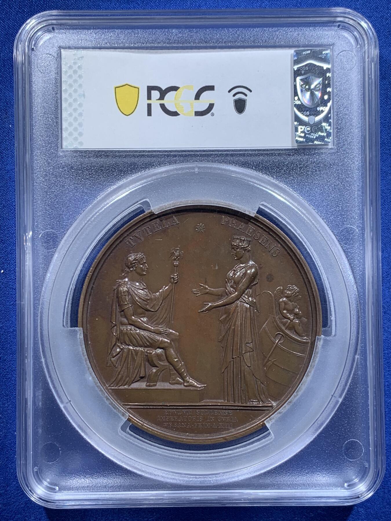 《竞宝斋》第425场 周日，周一  2场连拍 （全场包邮） PCGS SP64 法国1804年拿破仑一世皇帝加冕大铜章，68mm，拿皇登基，少见一流品相，加大加厚盒。