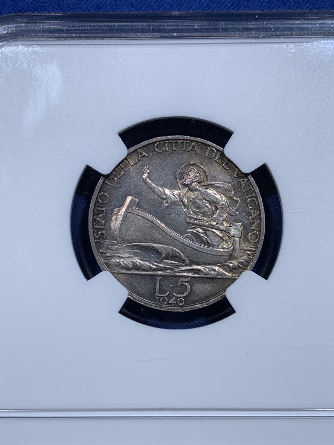 《竞宝斋》第425场 周日，周一  2场连拍 （全场包邮） NGC MS63 梵蒂冈 1940年 庇护十二世教皇像 5里拉 银币