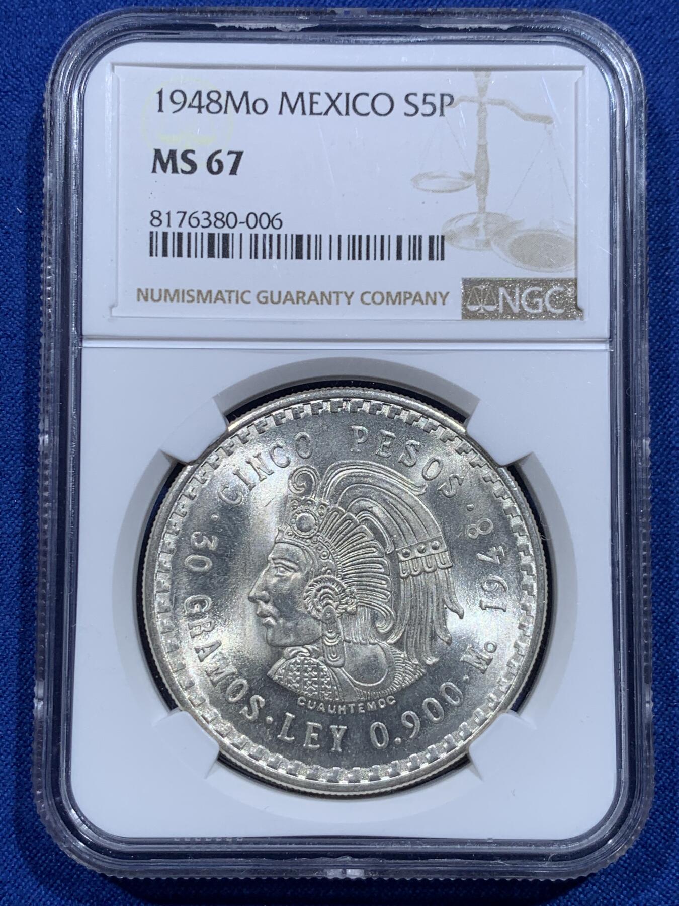 《竞宝斋》第425场 周日，周一  2场连拍 （全场包邮） NGC MS67 墨西哥1948年玛雅酋长5比索银币 顶级高分，银光闪闪。虽然这个品种常见，但这个分数这个状态难得一见