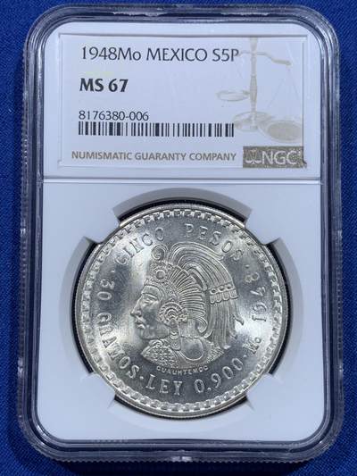 《竞宝斋》第425场 周日，周一  2场连拍 （全场包邮） - NGC MS67 墨西哥1948年玛雅酋长5比索银币 顶级高分，银光闪闪。虽然这个品种常见，但这个分数这个状态难得一见