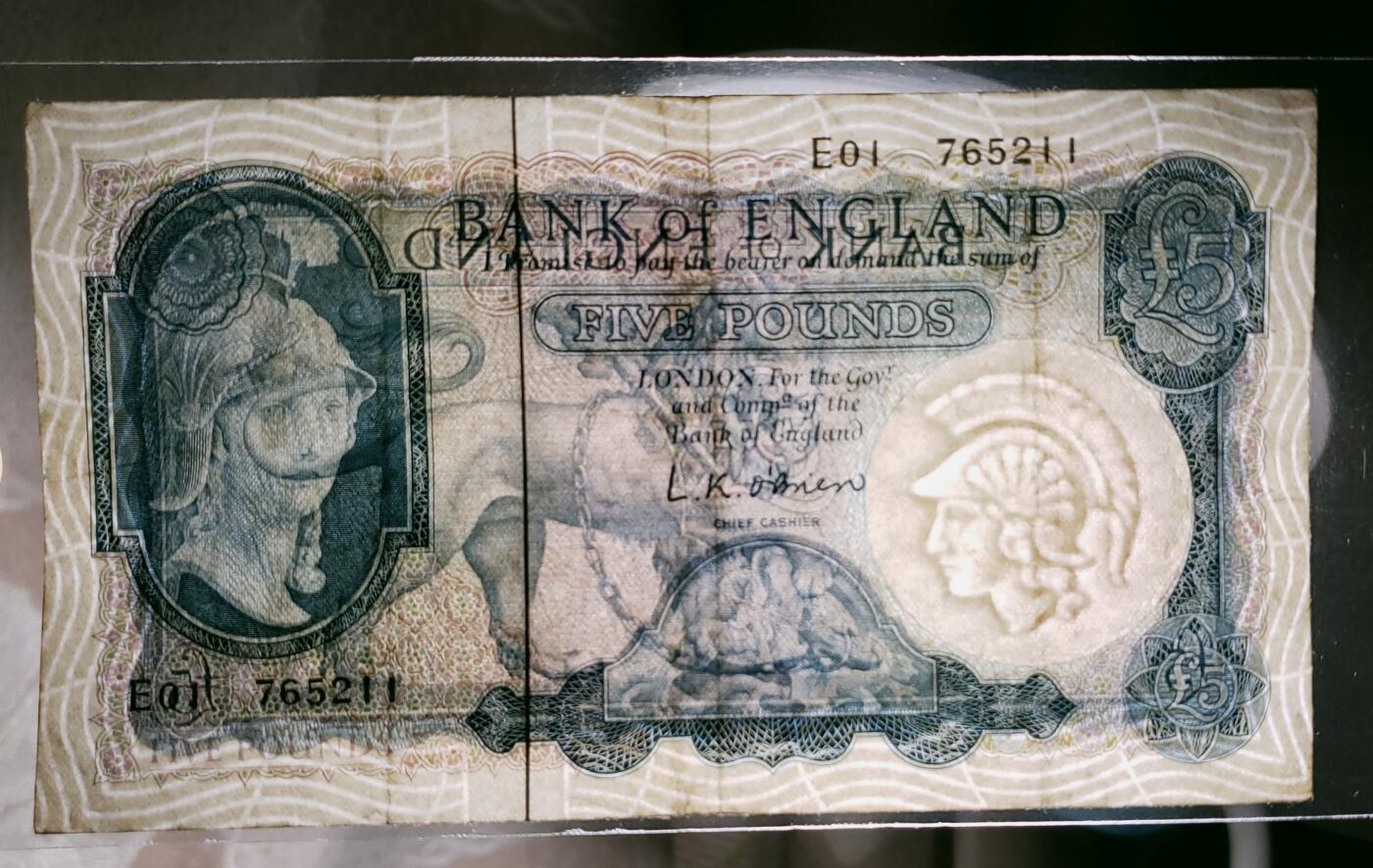 英国5镑纸币 1961年B序列 圣乔治屠龙版／狮子扛钥匙 外国收藏钱币欧洲旧票 介意勿拍（详细见图）