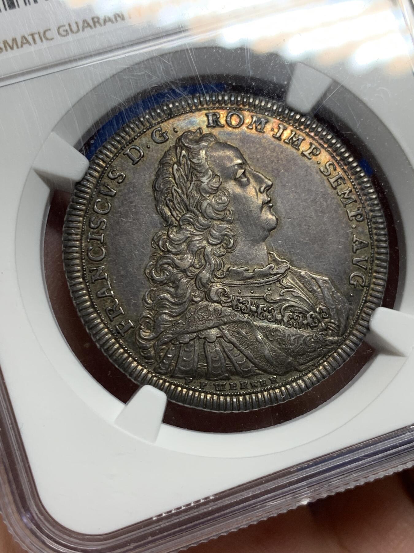 《竞宝斋》第425场 周日，周一  2场连拍 （全场包邮） 亚军分 NGC MS63 德国 1746年 施韦比施哈尔市 弗朗茨一世 1/2泰勒银币 发行量只有802的名誉品种