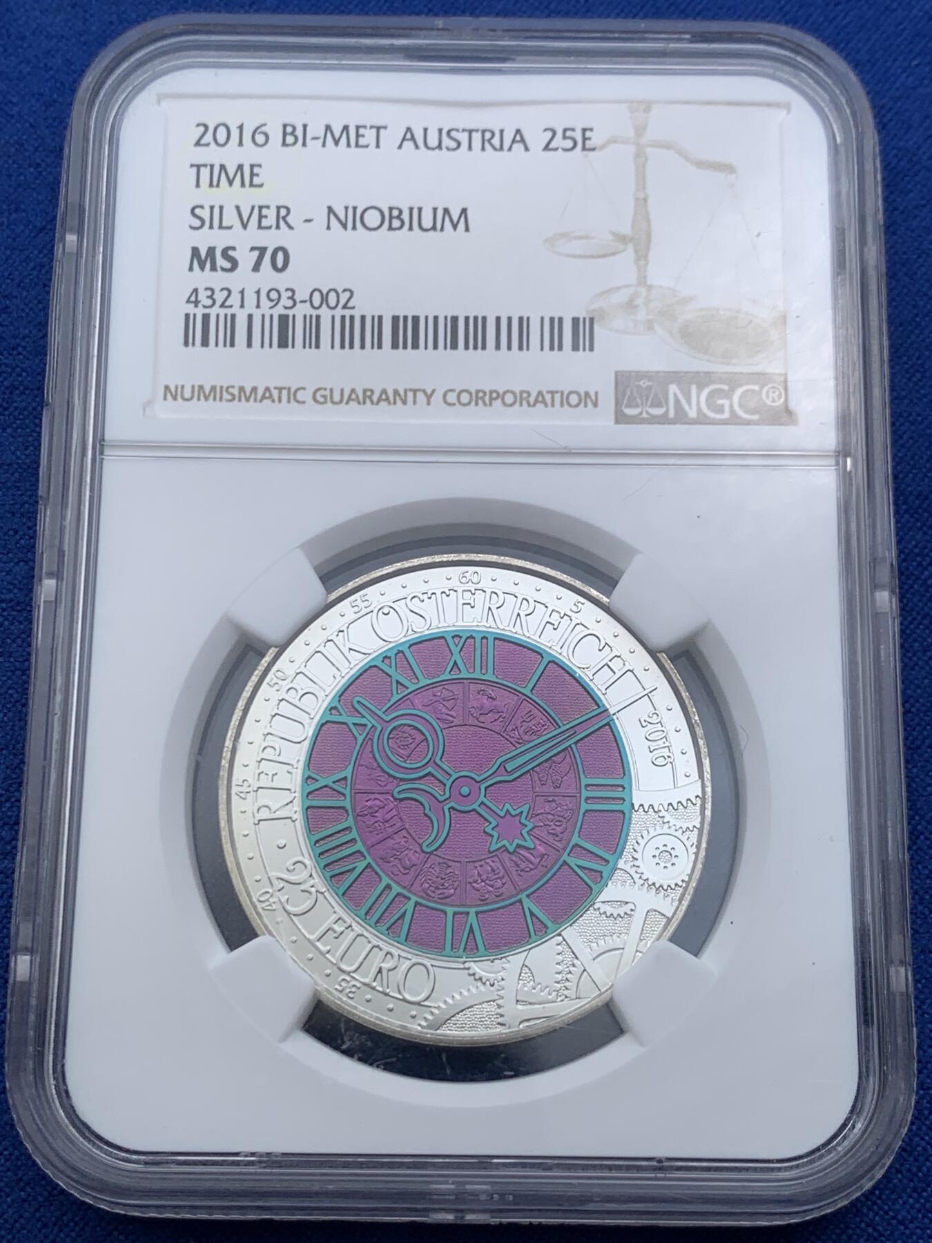 《竞宝斋》第425场 周日，周一  2场连拍 （全场包邮） 获奖币 NGC MS70 奥地利2016年时间25欧银铌双金属纪念币（克劳斯-2018年世界硬币大奖赛之最佳双金属币）