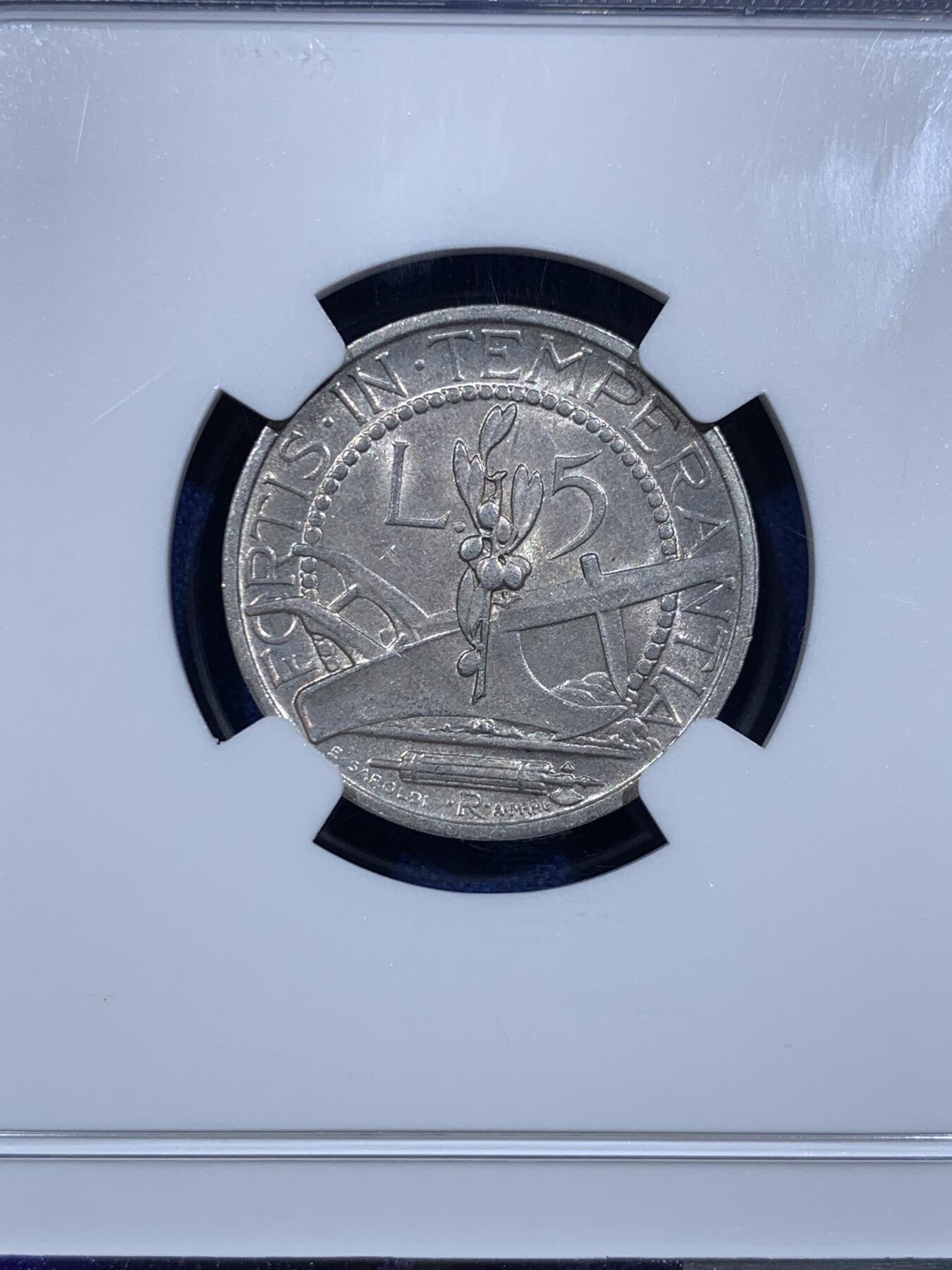 《竞宝斋》第425场 周日，周一  2场连拍 （全场包邮） NGC MS63 圣马力诺1938年5里拉银币