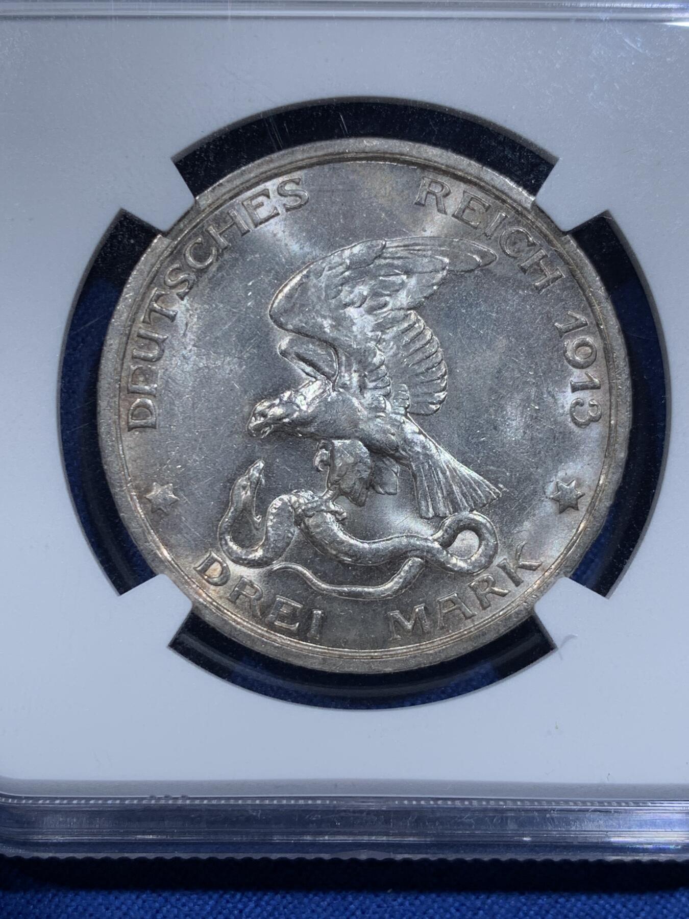 《竞宝斋》第425场 周日，周一  2场连拍 （全场包邮） NGC MS62 德国 1913年 普鲁士击败拿破仑 3马克 银币