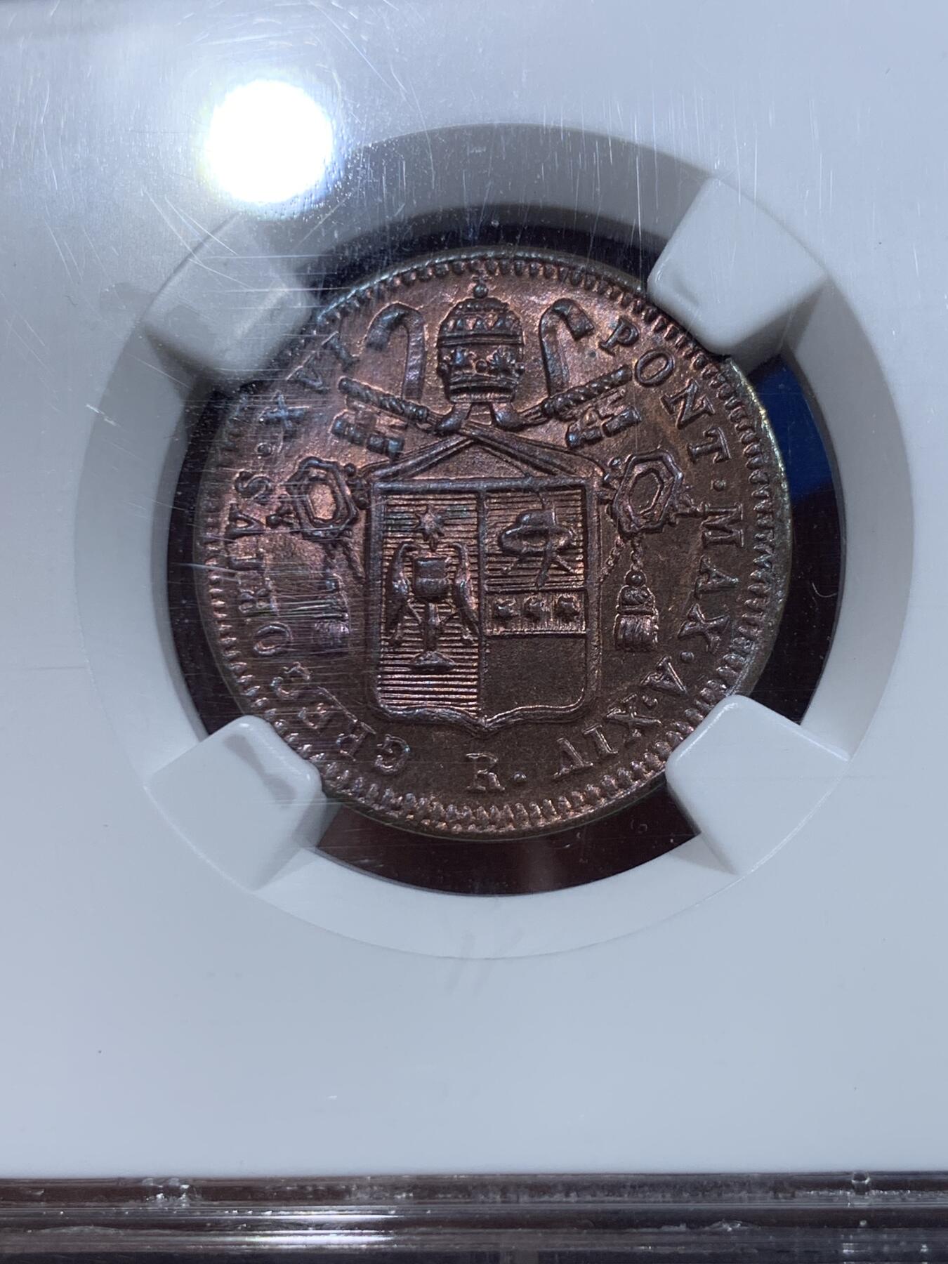 《竞宝斋》第425场 周日，周一  2场连拍 （全场包邮） NGC MS64RB 1844年意大利教皇国格里高利十六世 1/2贝阿科铜币，罗马铸造，铜色原光，极美品