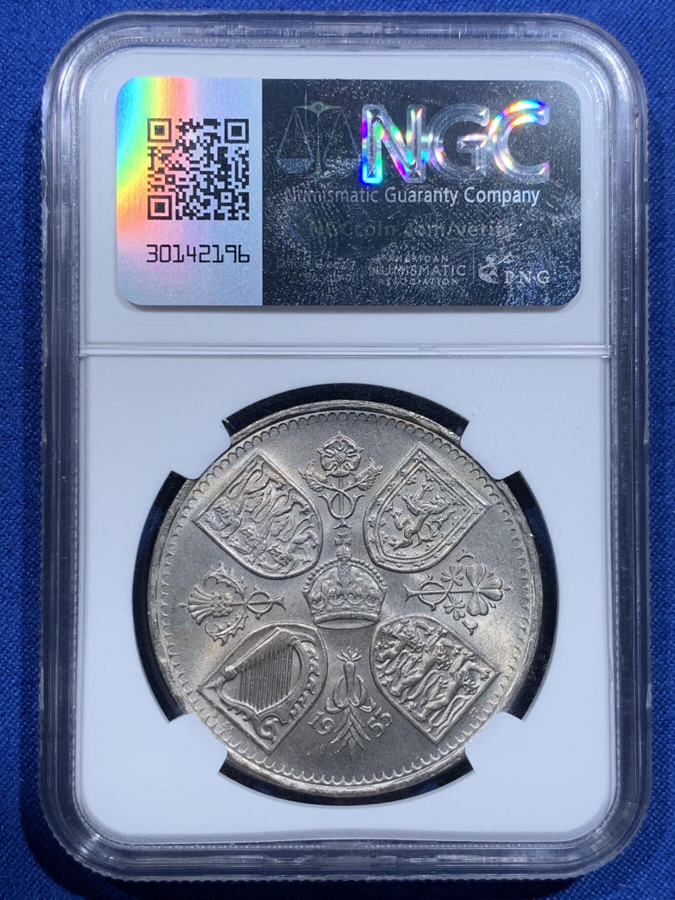 《竞宝斋》第425场 周日，周一  2场连拍 （全场包邮） NGC MS64 英国 1953年 伊丽莎白二世登基 1克朗 镍币