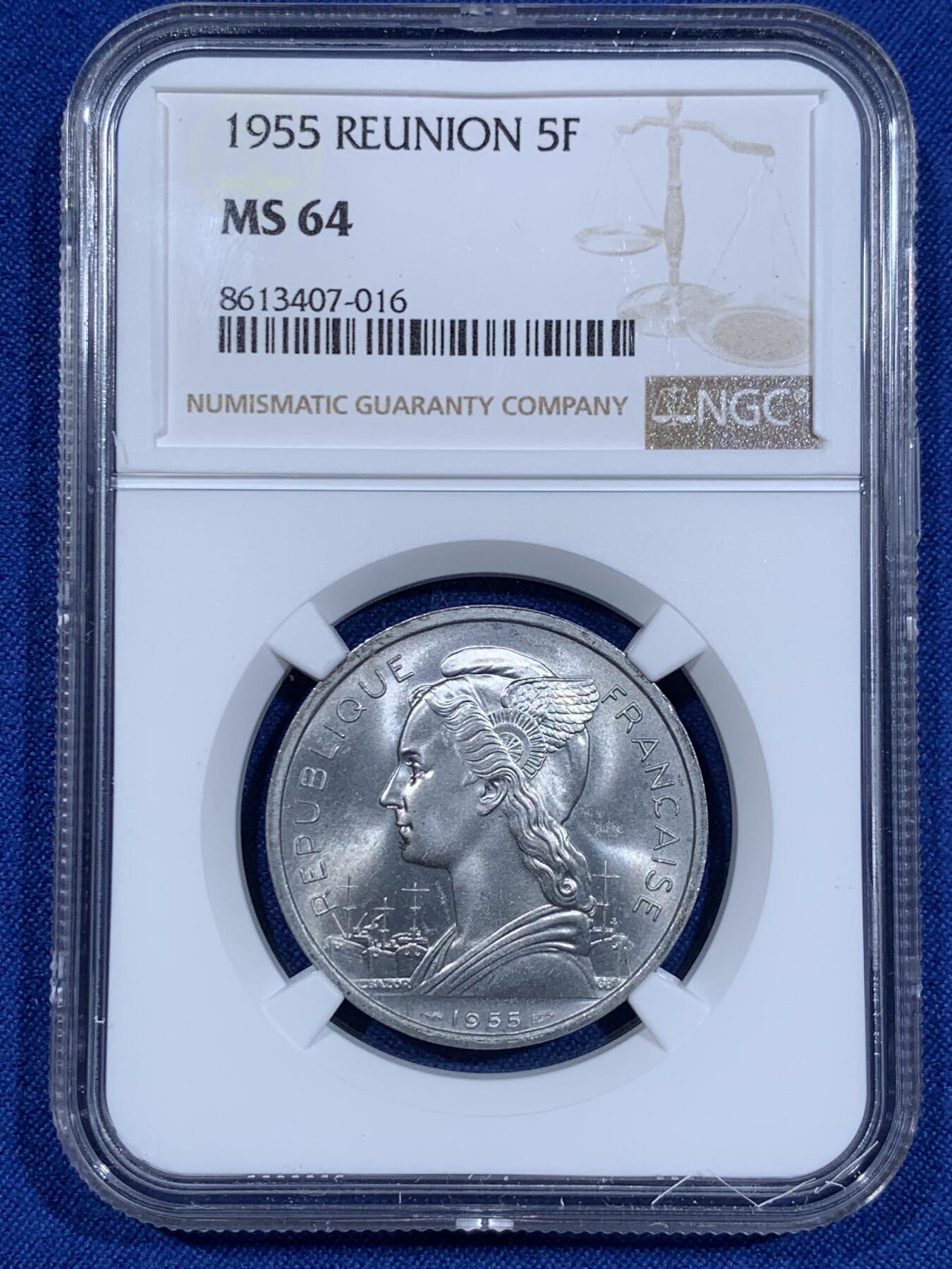 《竞宝斋》第425场 周日，周一  2场连拍 （全场包邮） 四枚一组 NGC MS64-65 法属留尼旺大小面值一组1/2/5/10法郎 都是适合收藏的分数！铝币容易腐蚀 出分不易！