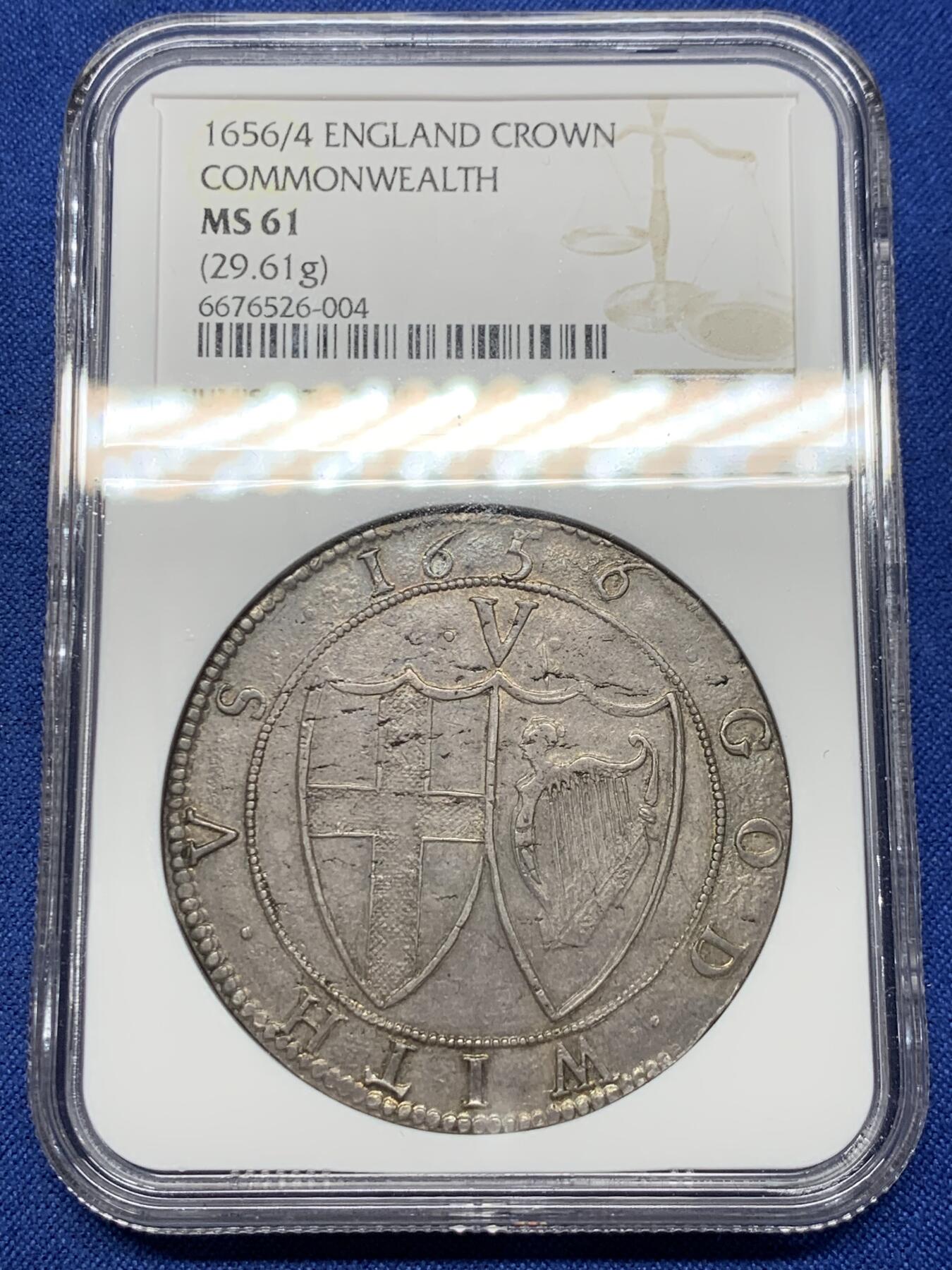 《竞宝斋》第425场 周日，周一  2场连拍 （全场包邮） NGC MS61 英国1656/4骑字commonwealth克朗，英国共和时期发行，少有的几种没有君主头像的英国钱币，大名誉品