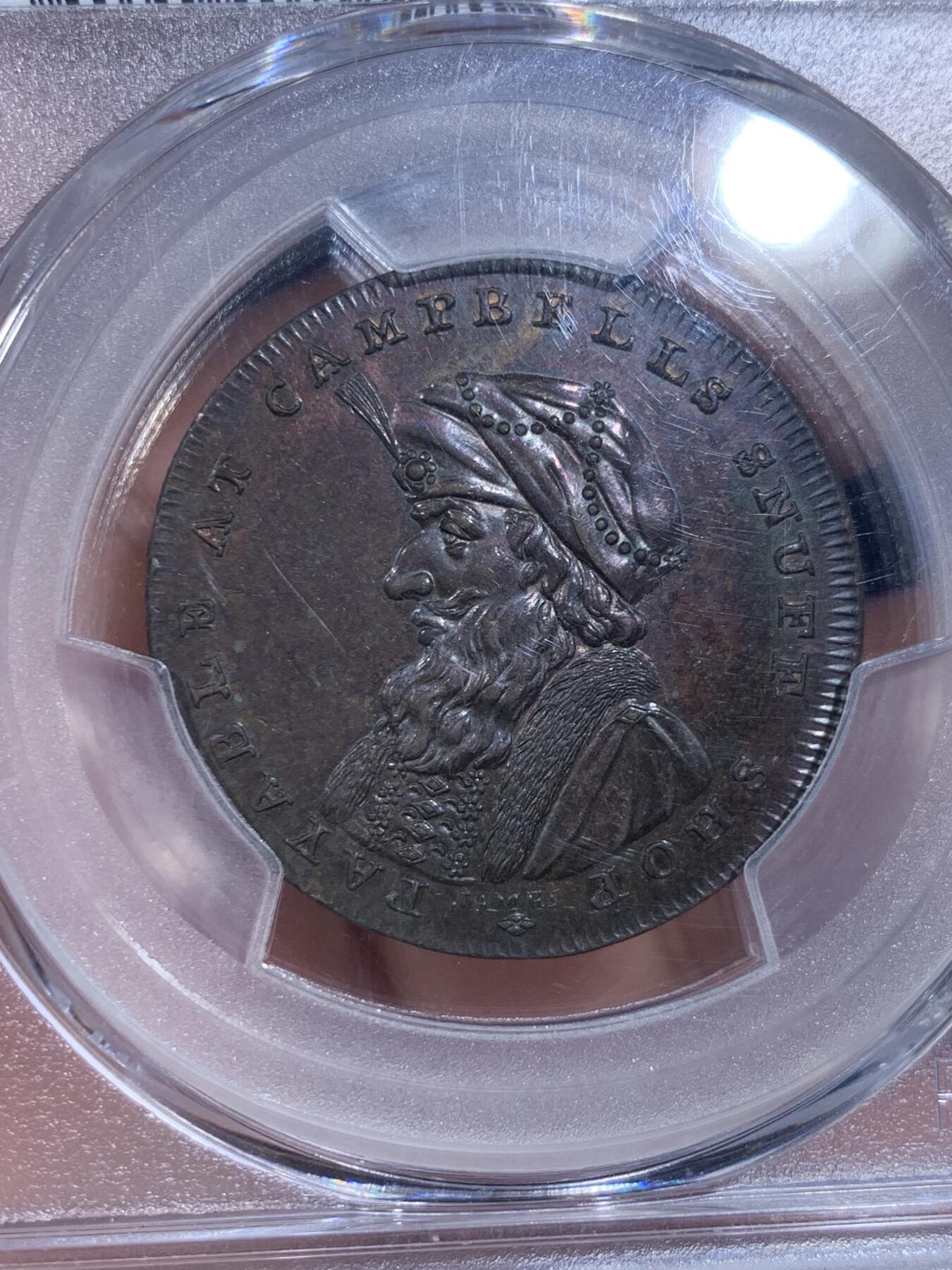 《竞宝斋》第425场 周日，周一  2场连拍 （全场包邮） PCGS MS63BN 英国 苏格兰 1795年 洛锡安人 1/2便士 代币 非常少见的品种 深打细节 可藏