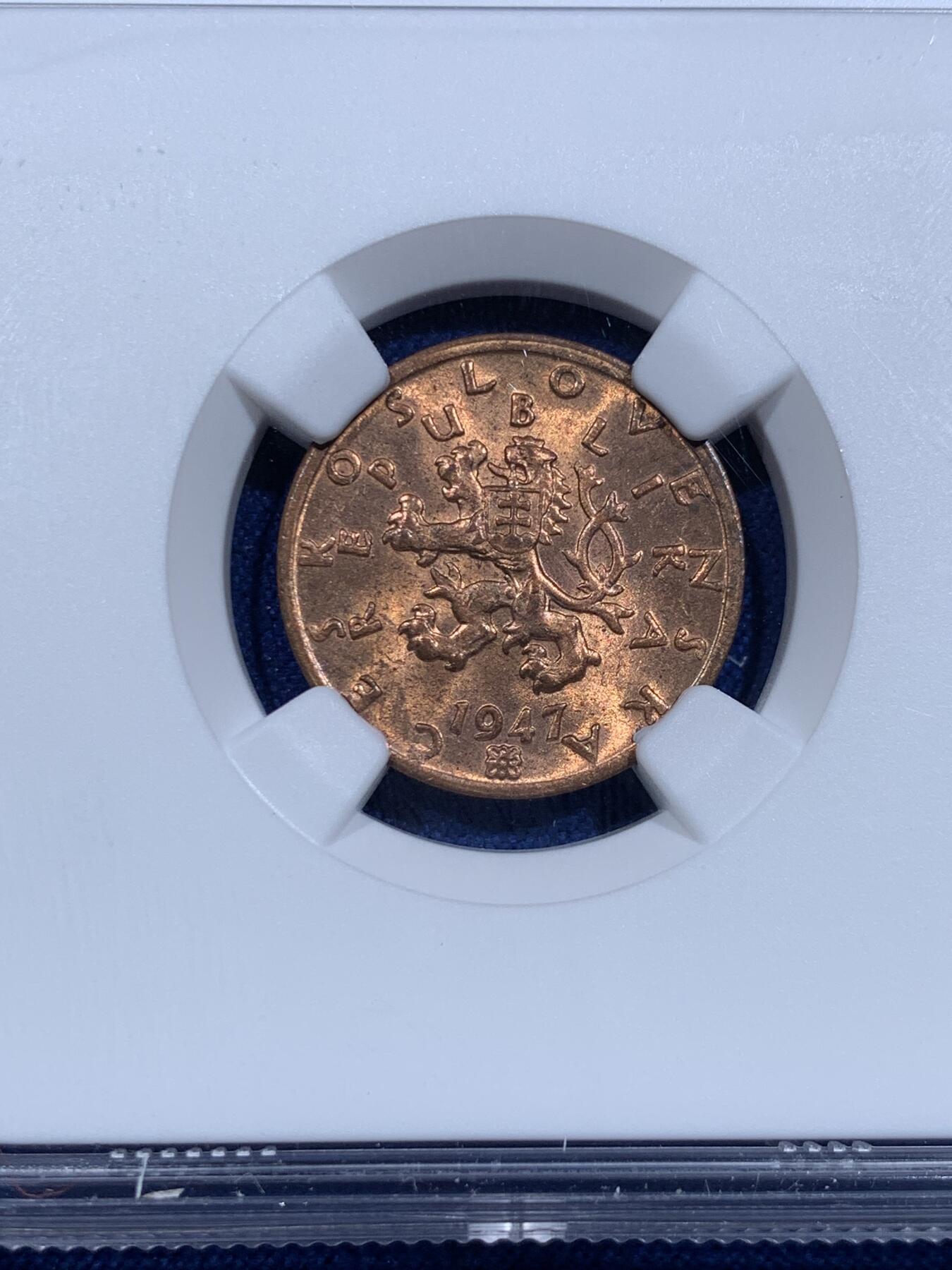 《竞宝斋》第425场 周日，周一  2场连拍 （全场包邮） NGC MS64RB 捷克1947年50赫勒铜币 拆卷品评级 冠军分！