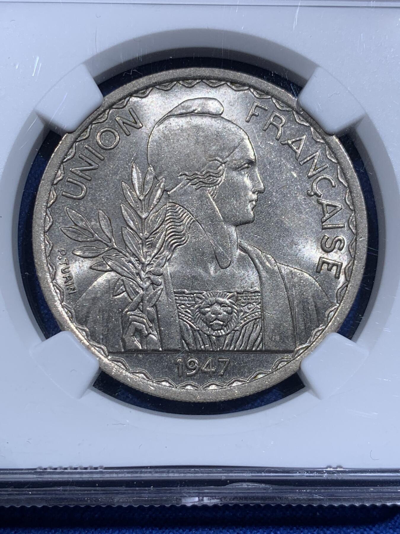 《竞宝斋》第425场 周日，周一  2场连拍 （全场包邮） NGC MS63 法属印度支那1947年1皮阿斯特