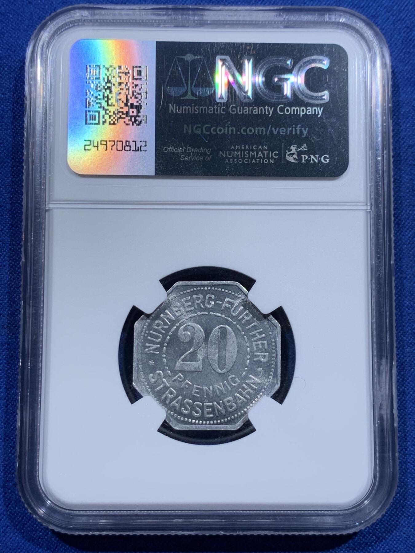 《竞宝斋》第425场 周日，周一  2场连拍 （全场包邮） NGC MS66 德国1920年紧急状态时期纽伦堡20芬尼代用币