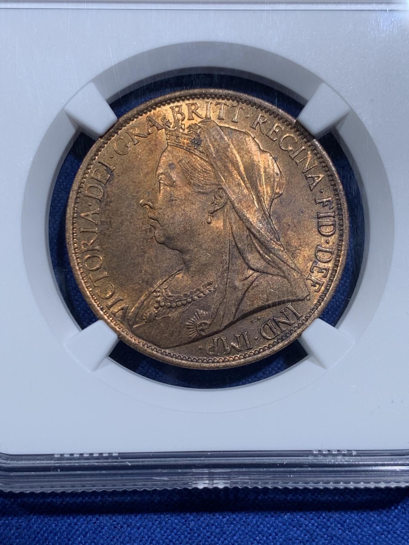 《竞宝斋》第425场 周日，周一  2场连拍 （全场包邮） NGC MS63RB 英国1900年维多利亚披纱1便士银币