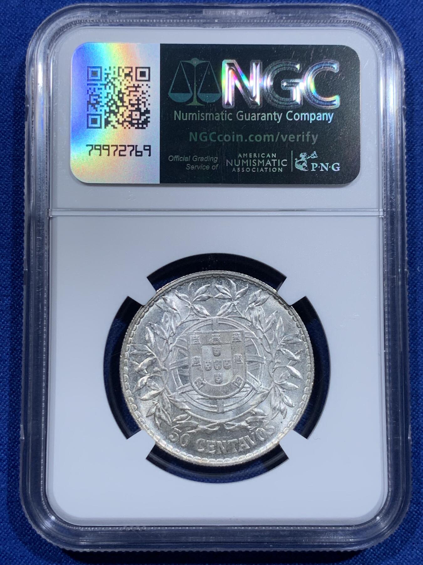 《竞宝斋》第425场 周日，周一  2场连拍 （全场包邮） NGC MS61 葡萄牙1916年自由女神50分银币