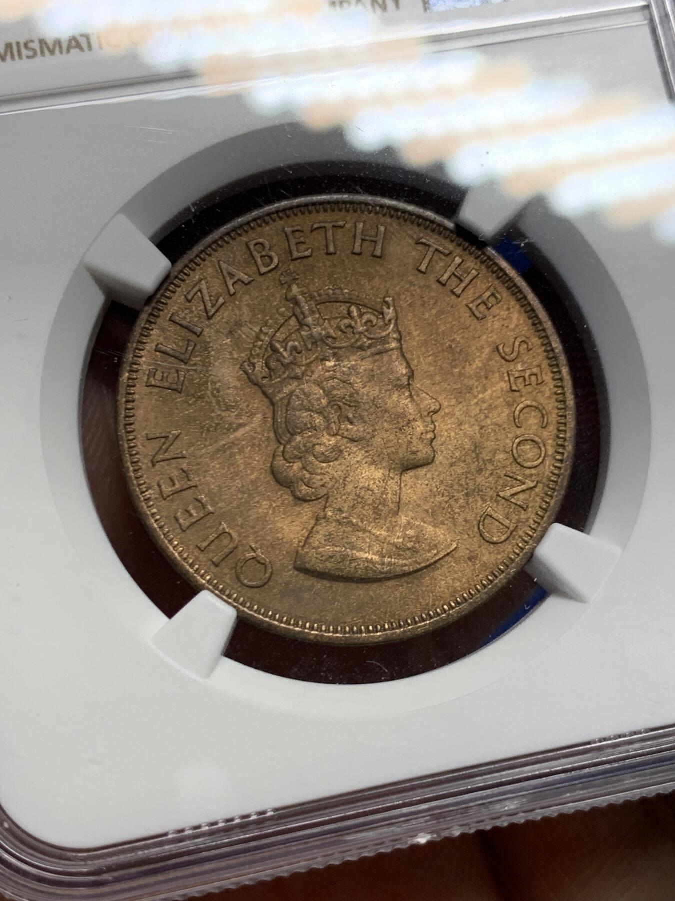 《竞宝斋》第425场 周日，周一  2场连拍 （全场包邮） NGC MS64RB 英属泽西岛1957年1/12先令 红棕色充分氧化 高分可藏