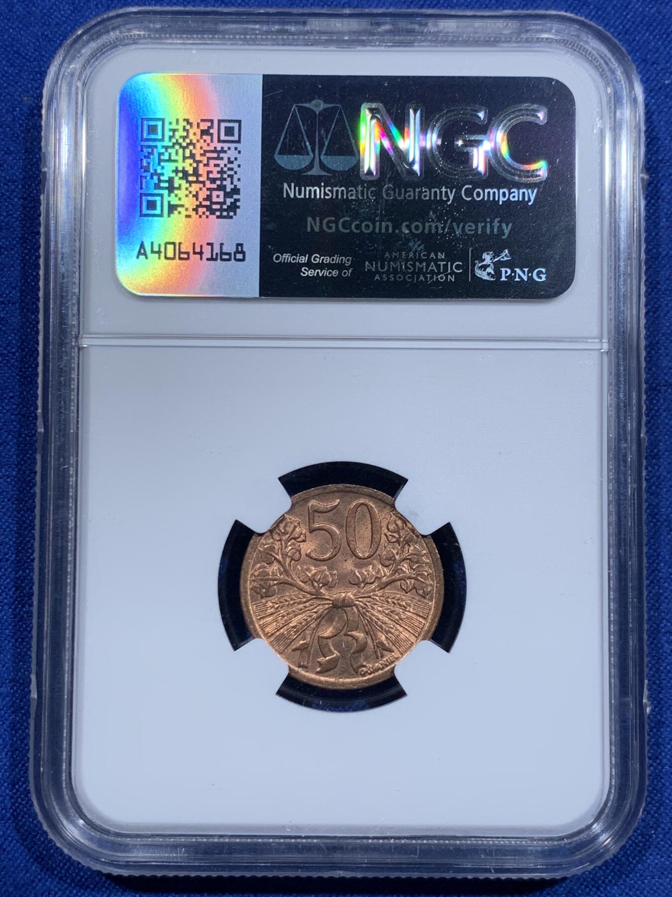 《竞宝斋》第425场 周日，周一  2场连拍 （全场包邮） NGC MS64RB 捷克1947年50赫勒铜币 拆卷品评级 冠军分！