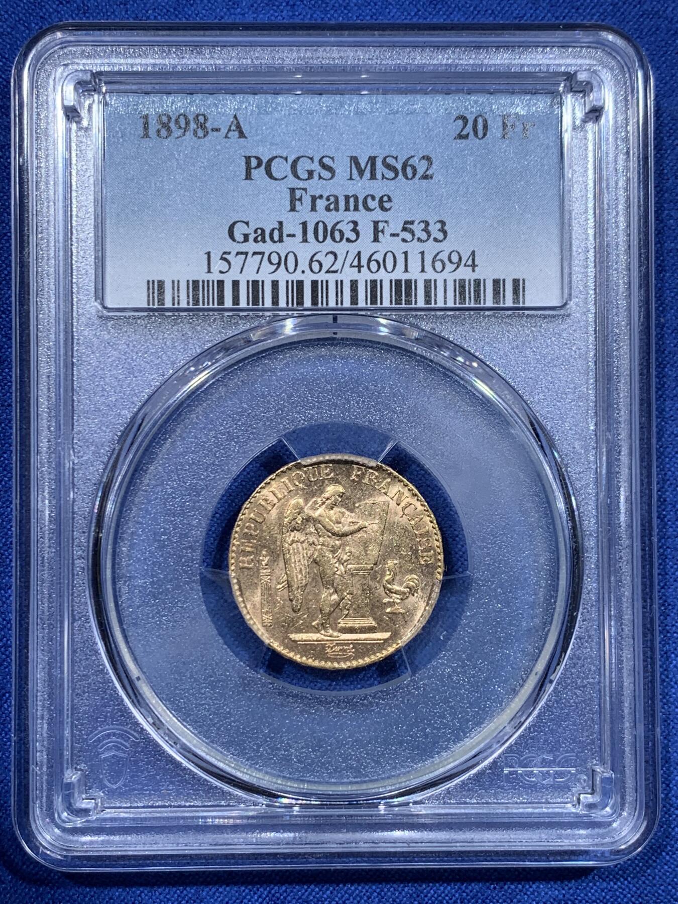 《竞宝斋》第425场 周日，周一  2场连拍 （全场包邮） PCGS MS62 法国1898年A版20法郎金币 900金 6.45克
