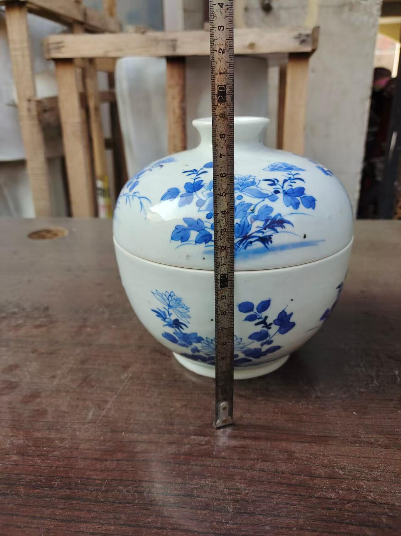 清代道光青花盖缸，画工好，器型好，尺寸大，完整漂亮