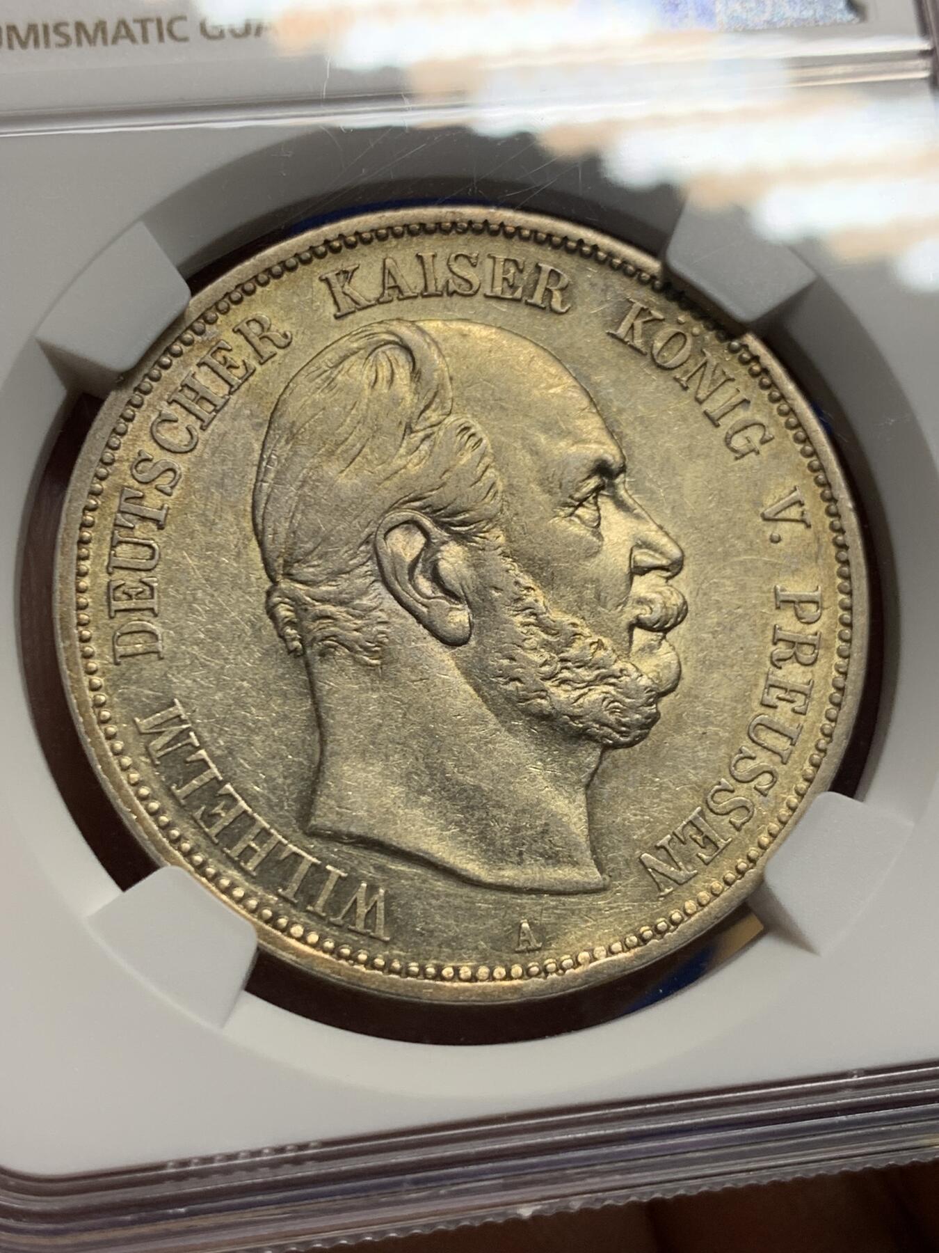 《竞宝斋》第425场 周日，周一  2场连拍 （全场包邮） NGC AU50 德国普鲁士1874年威廉一世短翅鹰5马克银币