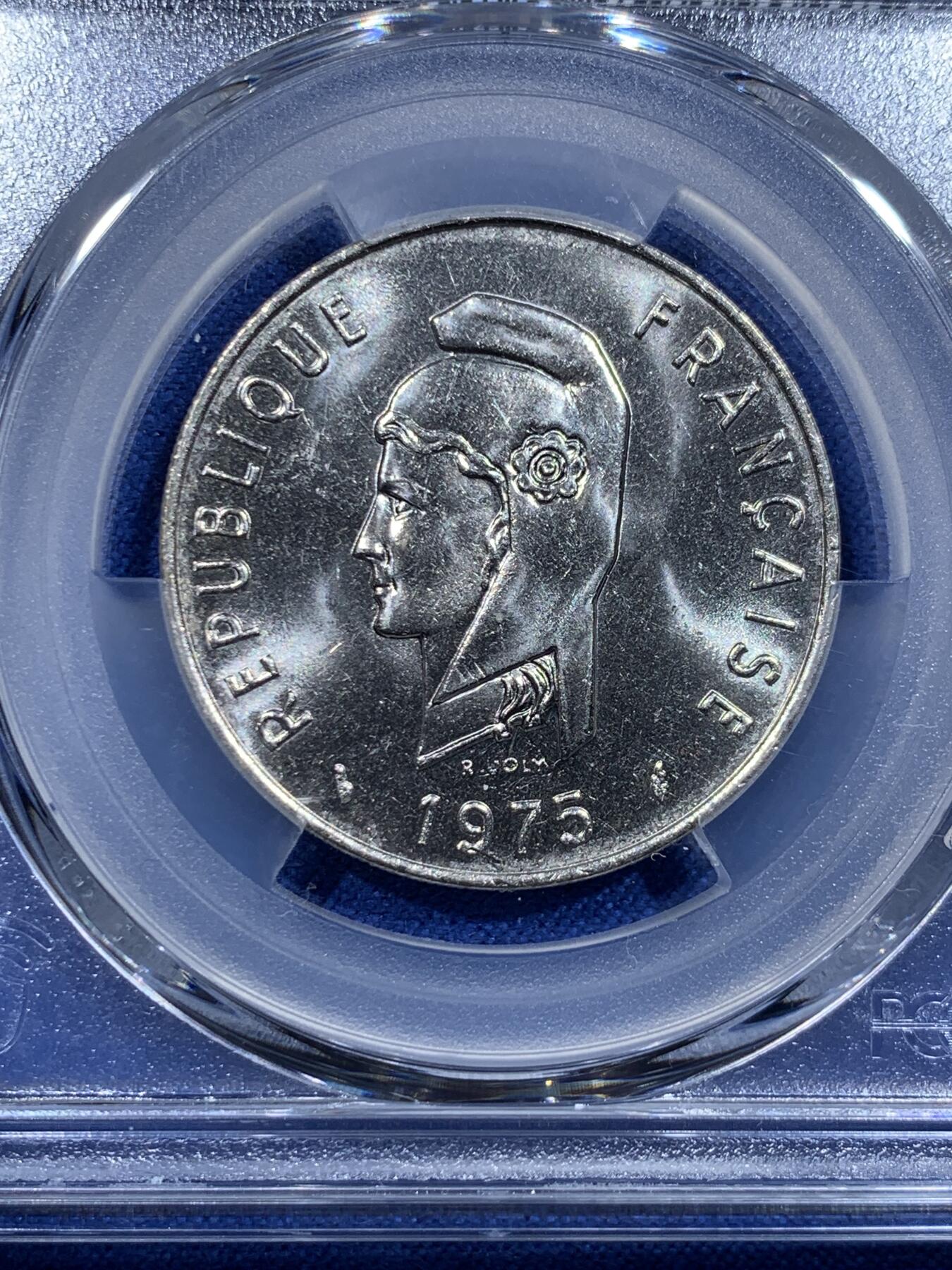 《竞宝斋》第425场 周日，周一  2场连拍 （全场包邮） PCGS MS64 法属阿尔法伊萨1975年100法郎