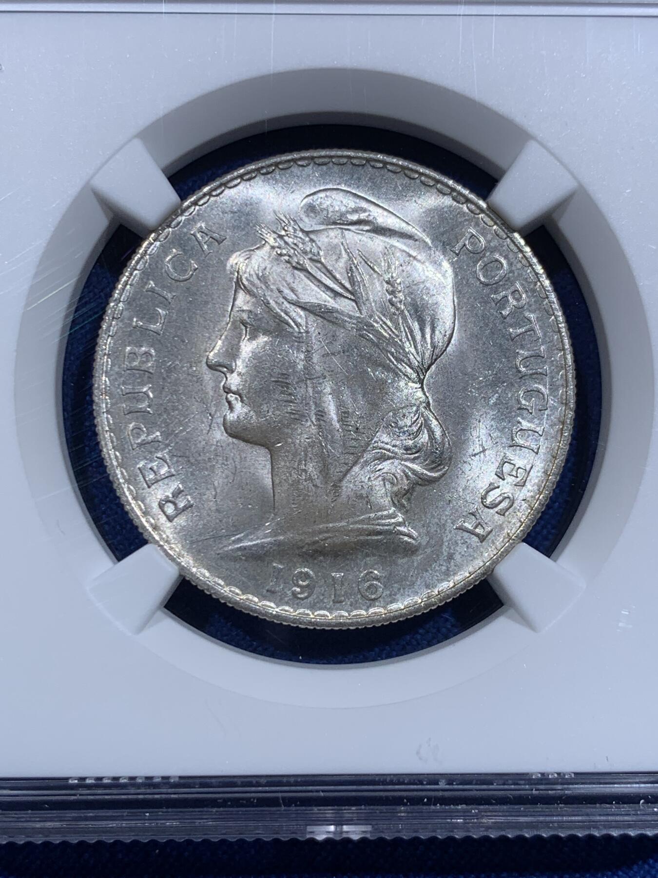 《竞宝斋》第425场 周日，周一  2场连拍 （全场包邮） NGC MS61 葡萄牙1916年自由女神50分银币