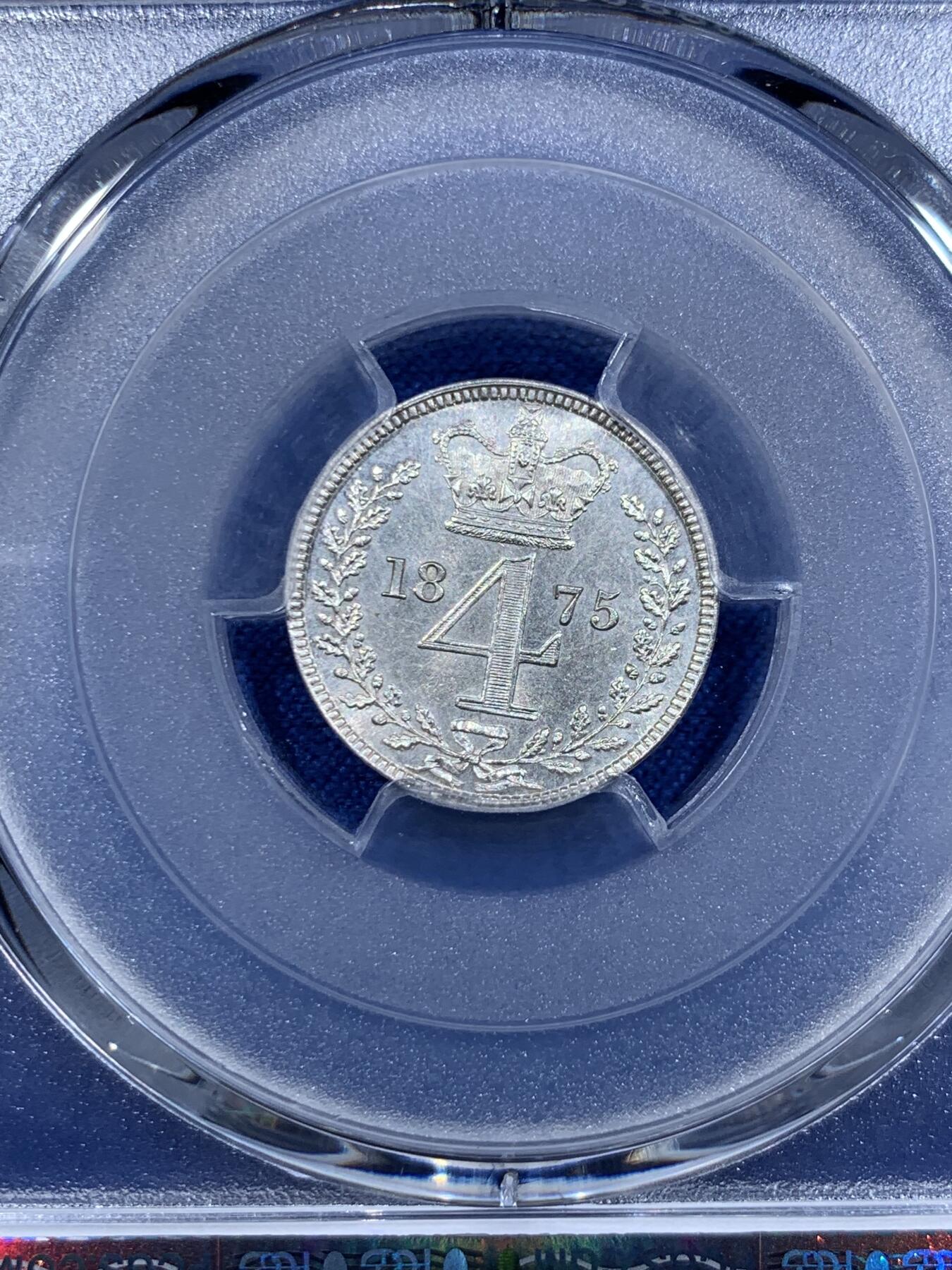 《竞宝斋》第425场 周日，周一  2场连拍 （全场包邮） 四枚一组 PCGS PL UNC-64 英国1875小维濯足币，原光状态，打制犀利，可惜一枚没给分，非常少的品种。细节见图