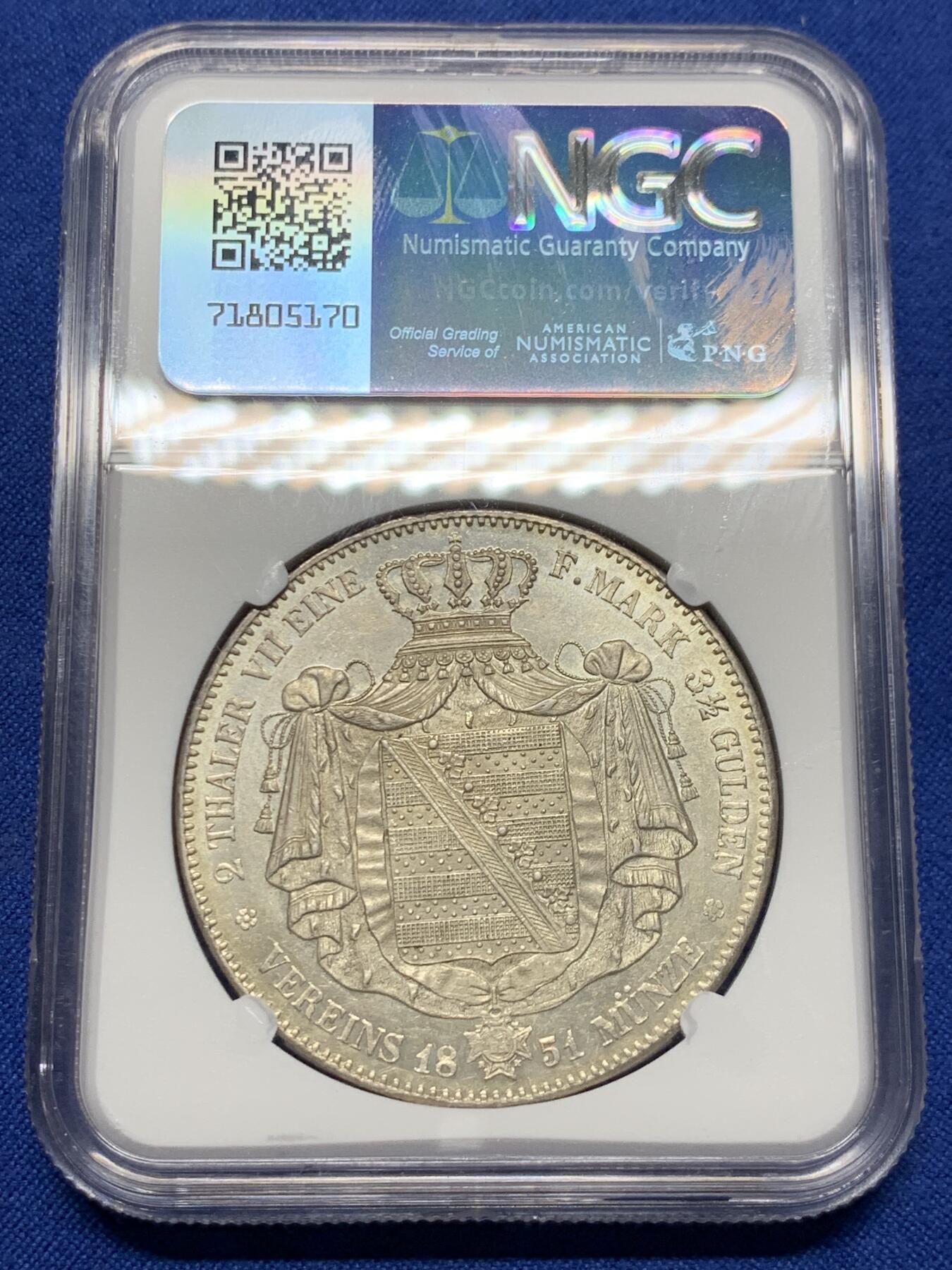 《竞宝斋》第426场 周日，周一  2场连拍 （全场包邮） 亚军分 NGC MS64 德国 1851 萨克森王国 弗里德里希·奥古斯特二世 流通2泰勒37克多的大银币