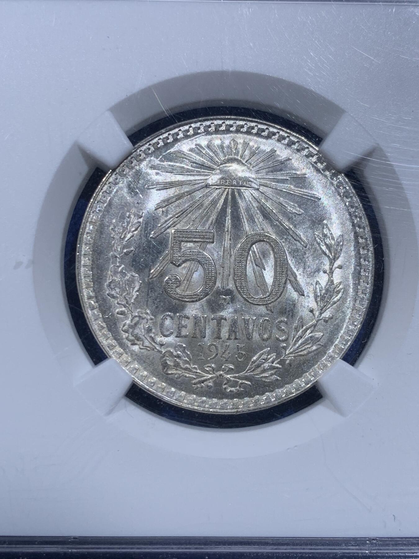 《竞宝斋》第426场 周日，周一  2场连拍 （全场包邮） NGC MS65 墨西哥1945年鹰洋50分银币，原光原卷胜利年份鹰洋一枚。