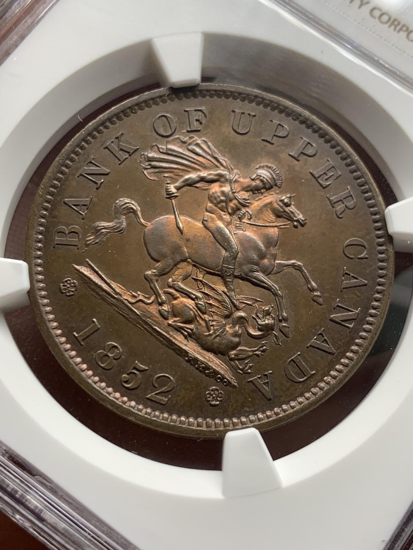《竞宝斋》第426场 周日，周一  2场连拍 （全场包邮） 冠军分 NGC PF64RB 加拿大 1852年 马剑1便士TOKEN铜币 顶级状态 不二选择