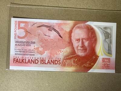 【礼羽收藏】🌏世界钱币拍卖第110期 - 【A010119】全新UNC 2025年福克兰群岛5镑 塑料钞 查尔斯 首发A冠 无3457尾119 倒置号
