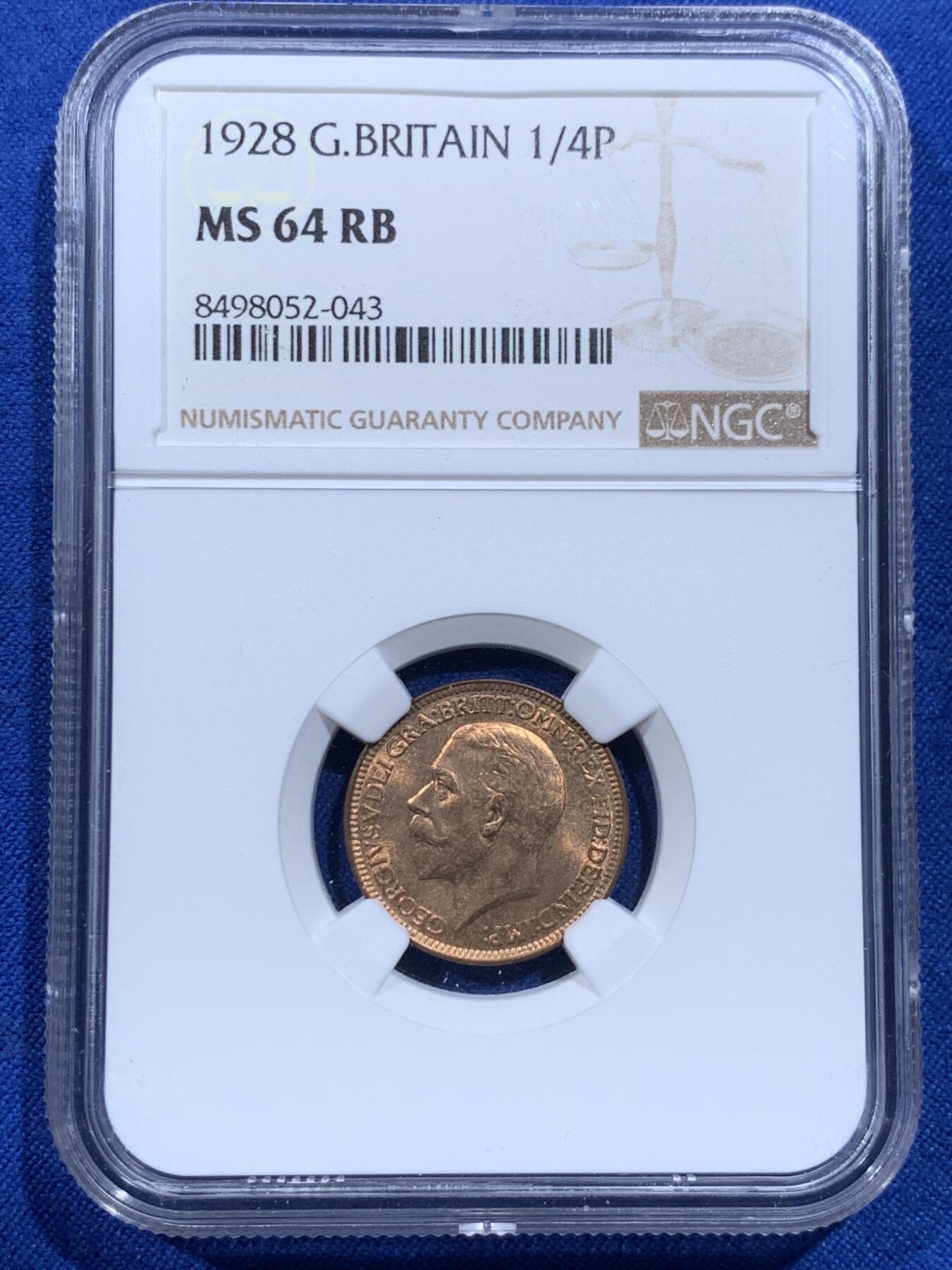《竞宝斋》第426场 周日，周一  2场连拍 （全场包邮） NGC MS64RB 英国 1928年 乔治五世 1法新铜币 红铜满转光 与麦稀奇的64分拍卖记录 同分中的上乘品 可媲美65的佳品