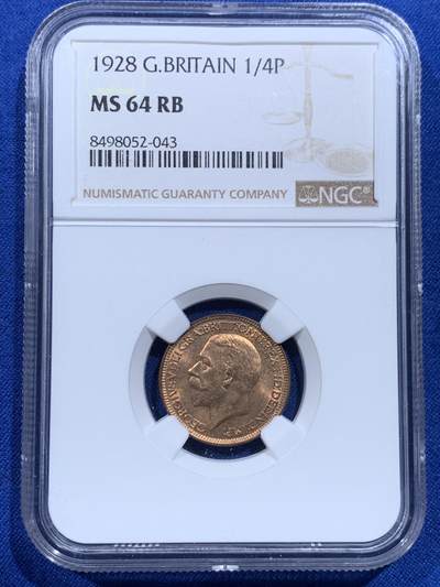 《竞宝斋》第426场 周日，周一  2场连拍 （全场包邮） - NGC MS64RB 英国 1928年 乔治五世 1法新铜币 红铜满转光 与麦稀奇的64分拍卖记录 同分中的上乘品 可媲美65的佳品