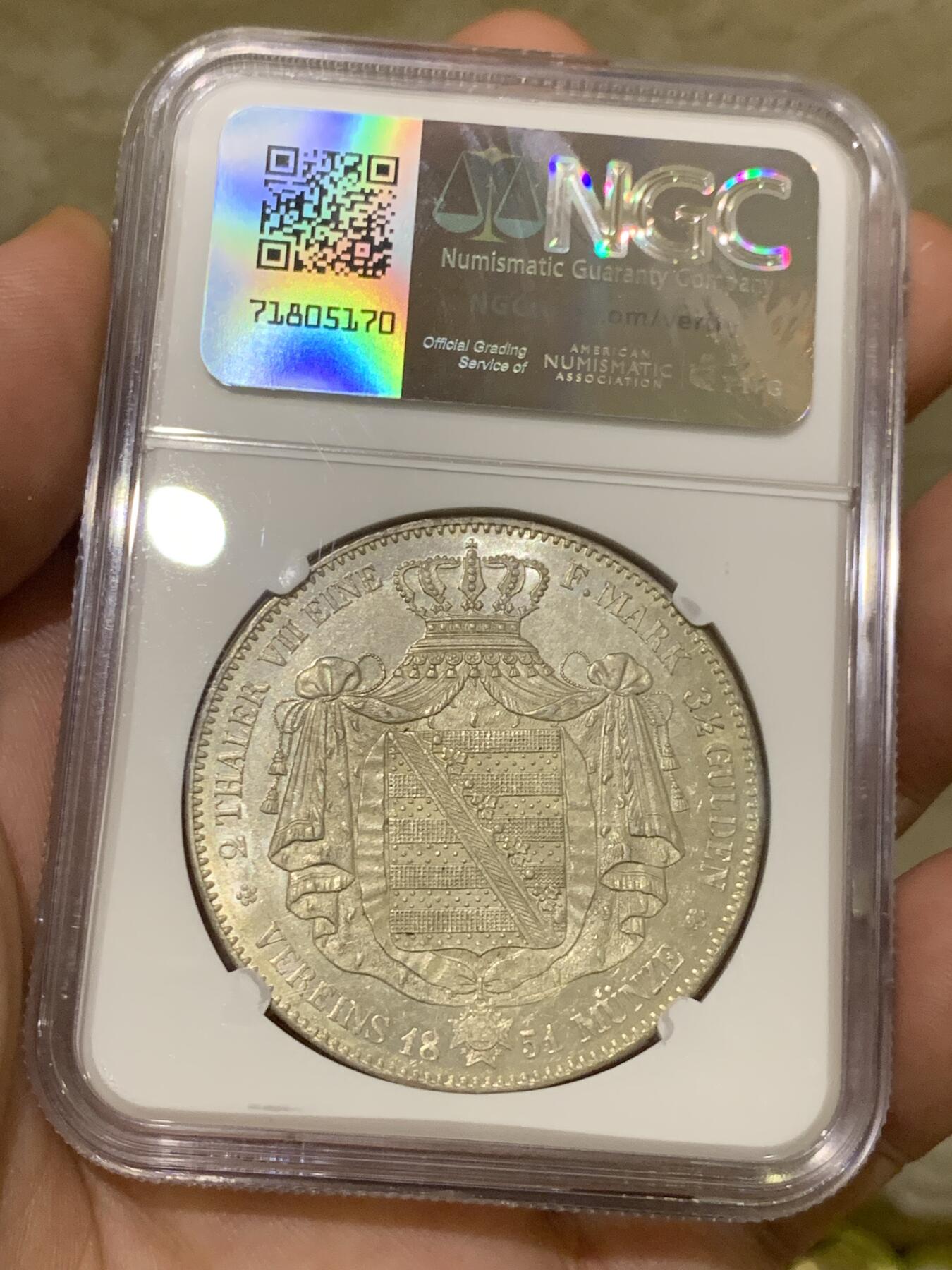 《竞宝斋》第426场 周日，周一  2场连拍 （全场包邮） 亚军分 NGC MS64 德国 1851 萨克森王国 弗里德里希·奥古斯特二世 流通2泰勒37克多的大银币
