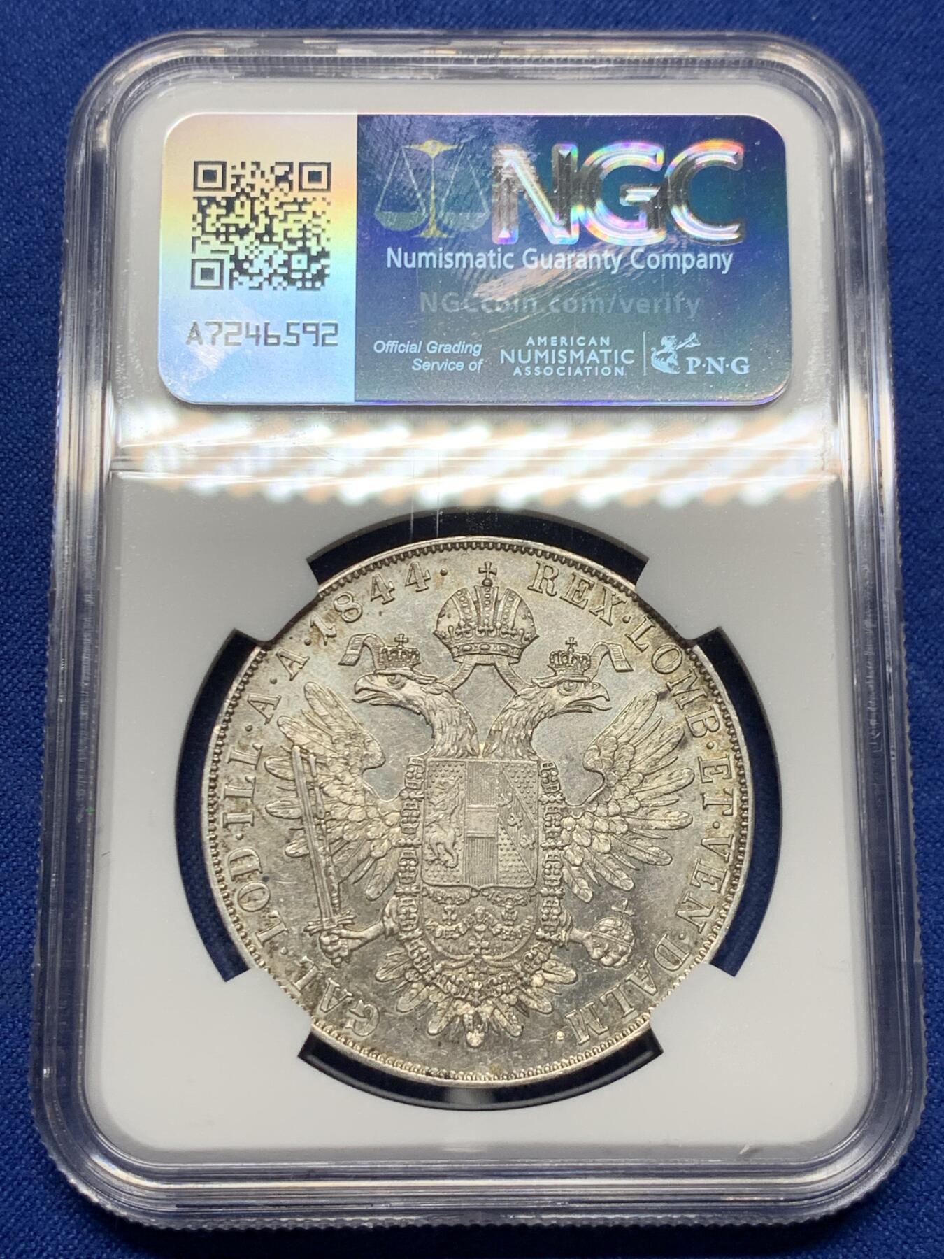 《竞宝斋》第426场 周日，周一  2场连拍 （全场包邮） 亚军分 NGC  MS62 奥地利帝国 1844年  斐迪南一世 泰勒大银币 少见的大头版本