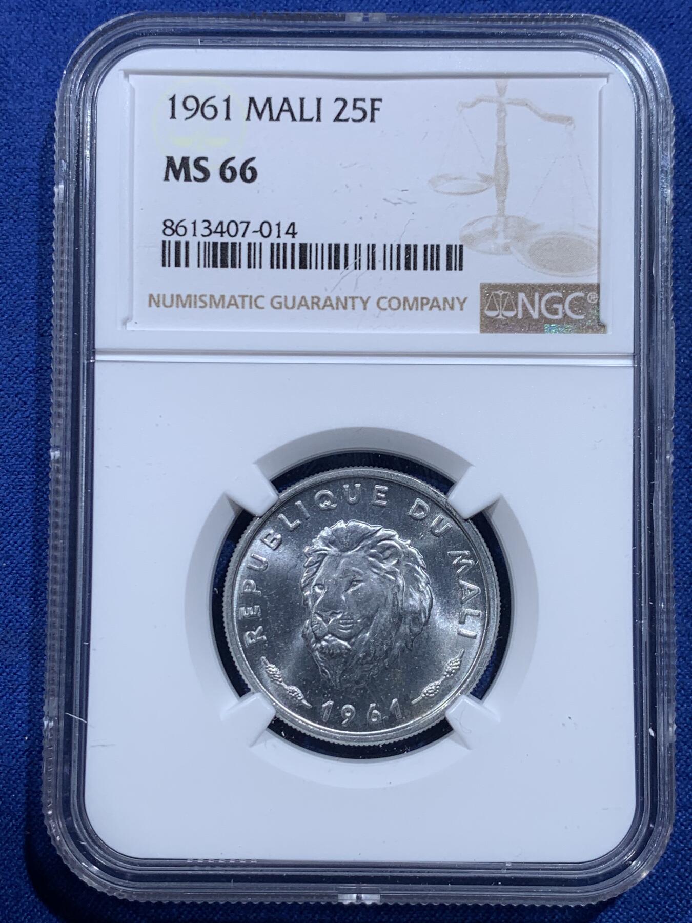 《竞宝斋》第426场 周日，周一  2场连拍 （全场包邮） NGC MS66 马里1961年25法郎 狮子头图案 高分收藏一步到位！