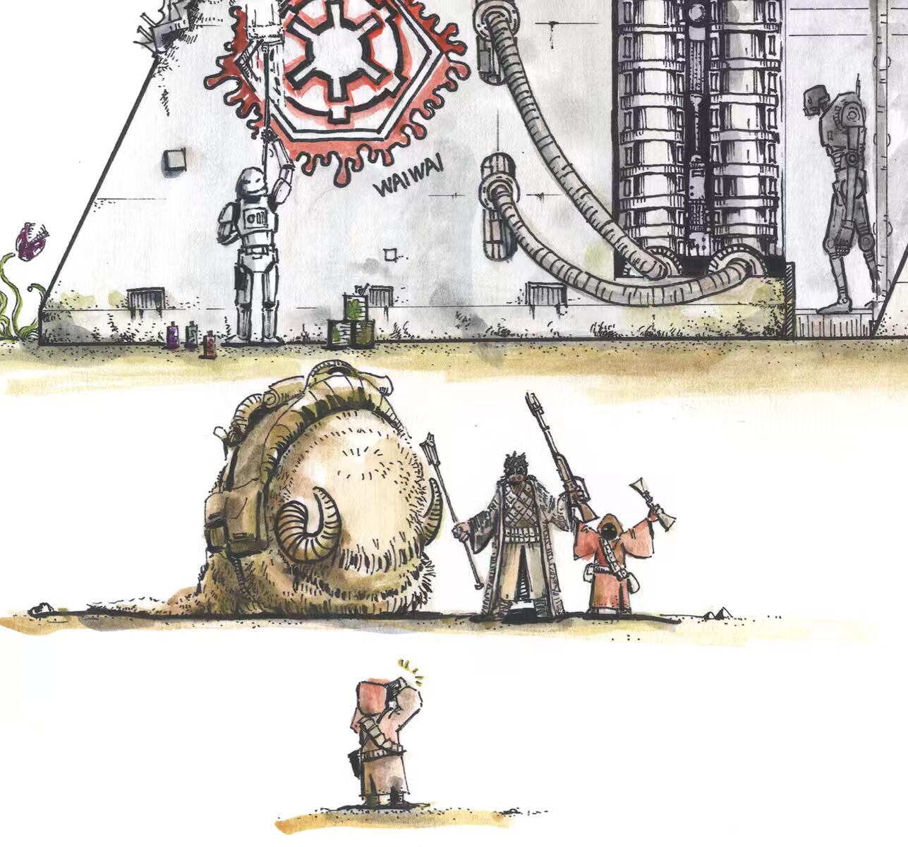 零元拍：歪歪亲笔签名系列作品装饰画作品。名称《R2D2大厦》彩色版，作品尺寸：0.6X0.9M，超厚300g泛太克艺术纸，爱普生原装墨水艺术微喷，限量200张，